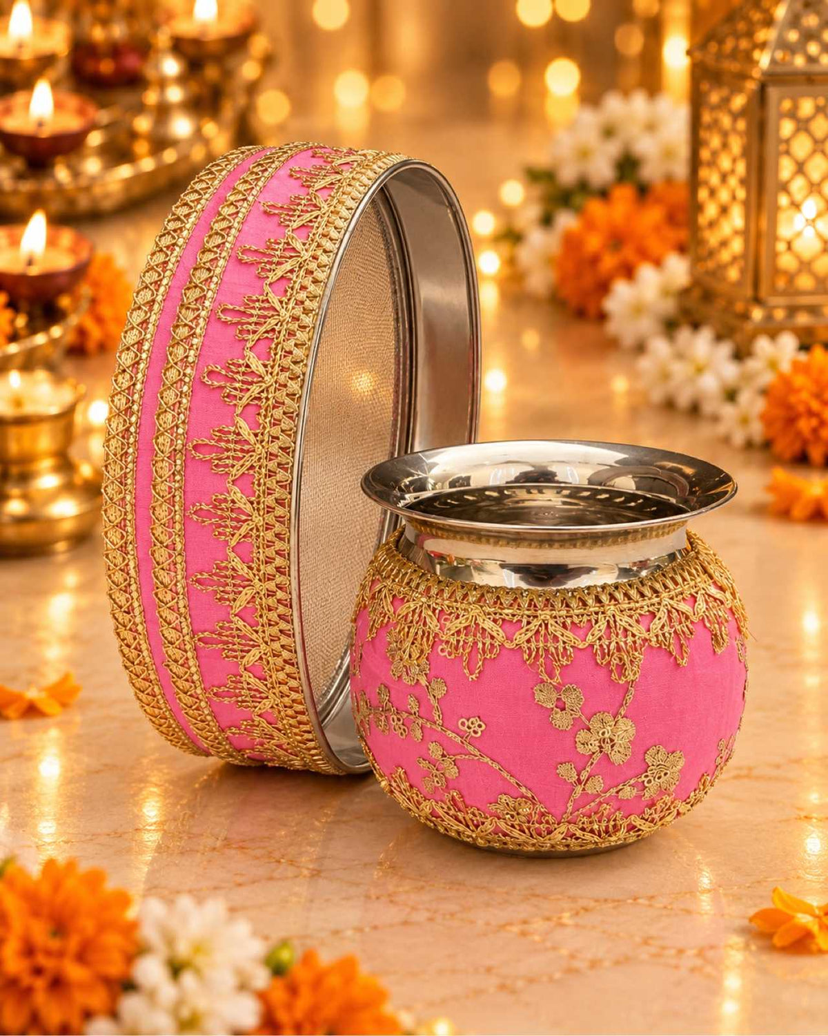Karva Chauth Thali Set 6-Piece — Pink Brocade Pooja Thali with Chhalni, Lota, Dibbi, Thal Cover & Potli