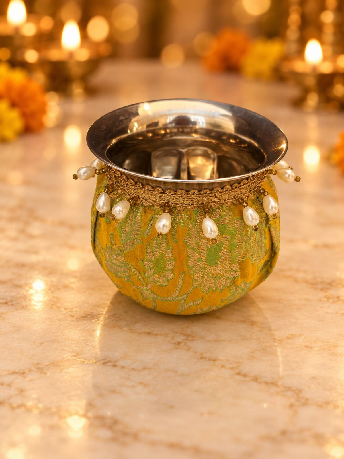 Karwa Chauth Thali Set 6-Piece — Yellow Green Brocade Pooja Thali with Chhalni, Lota, Dibbi, Potli & Thal Cover
