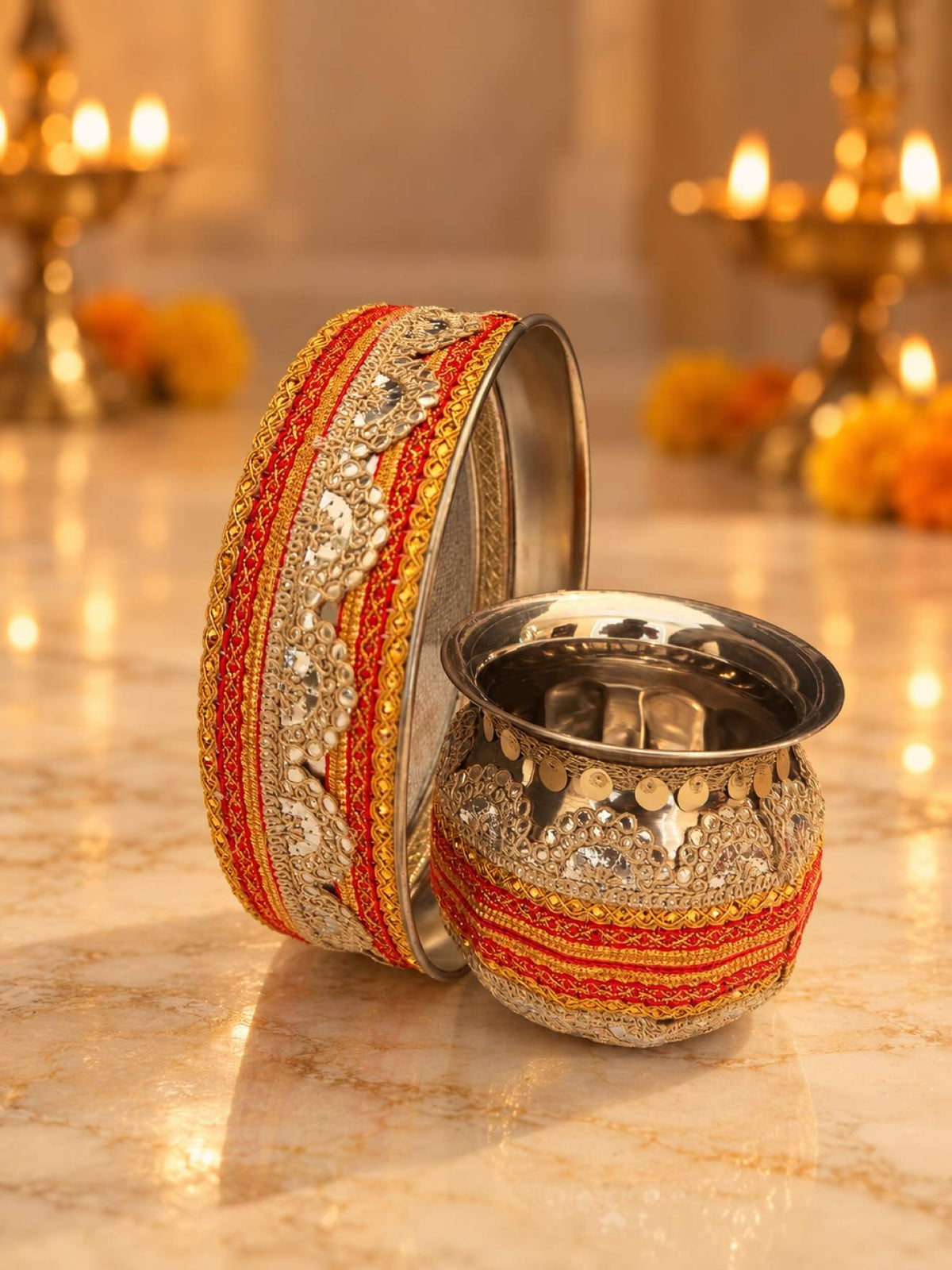 Karwa Chauth Thali Set 5-Piece — Red Velvet Pooja Thali with Chhalni, Lota, Potli & Round Thal Cover