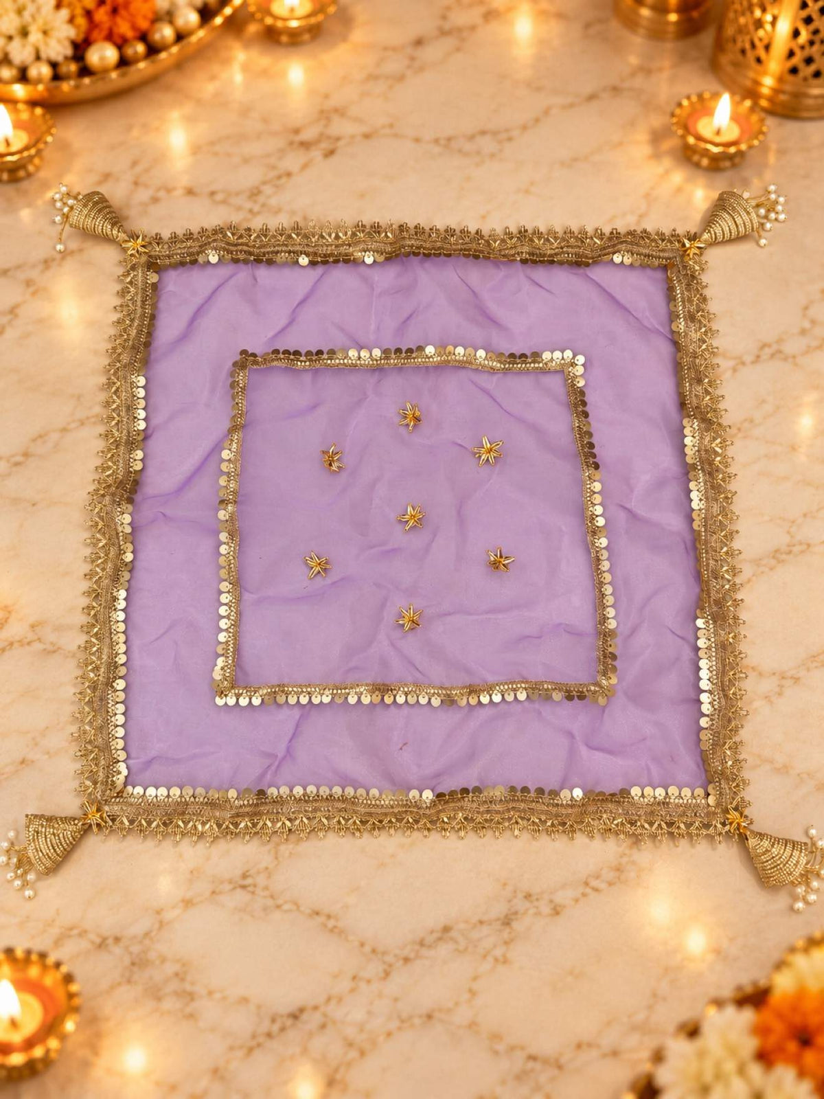 Karwa Chauth Thali Set 6-Piece — Lavender Brocade Pooja Thali with Chhalni, Lota, Dibbi, Thal Cover & Potli