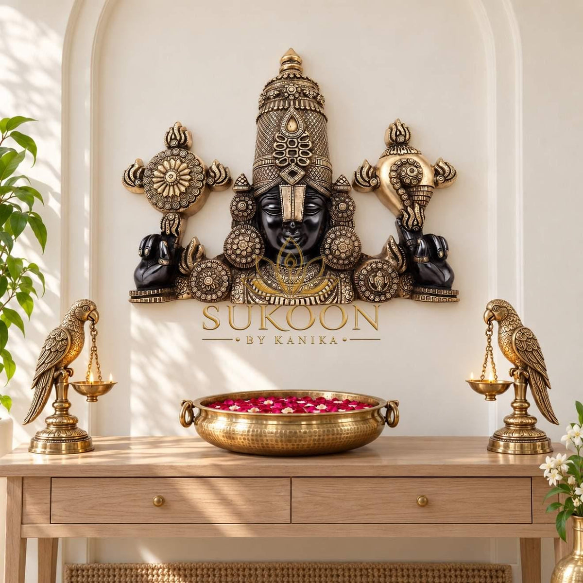 Lord Venkateswara Wall Hanging 20 Inch | Pure Brass Tirupati Balaji Wall Decor with Shankh Chakra | Antique Finish | Pooja Room, Entrance & Home Temple Decor | Housewarming & Diwali Gift