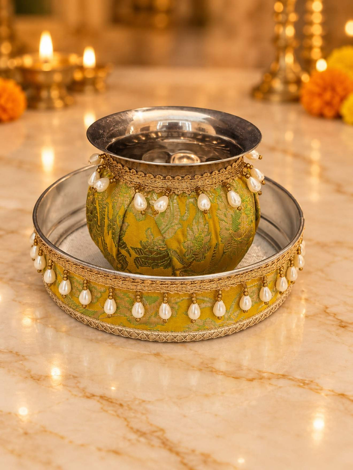 Karwa Chauth Thali Set 6-Piece — Yellow Green Brocade Pooja Thali with Chhalni, Lota, Dibbi, Potli & Thal Cover