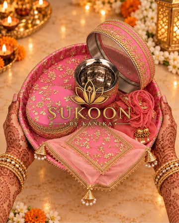Karva Chauth Thali Set 6-Piece — Pink Brocade Pooja Thali with Chhalni, Lota, Dibbi, Thal Cover & Potli