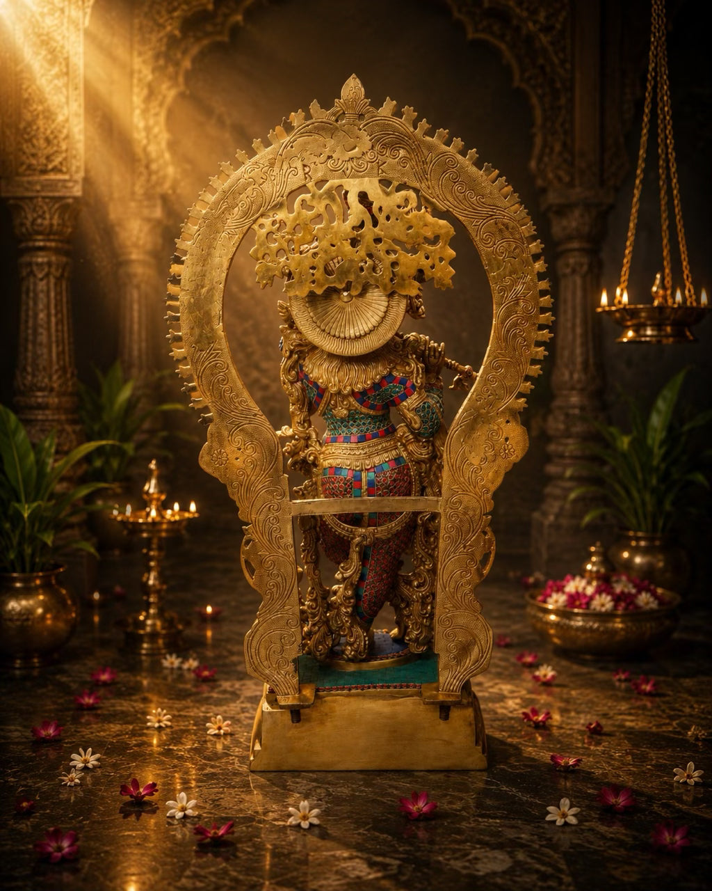 Brass Krishna Statue 32” Premium with Stone Inlay | Janmashtami Temple Murti