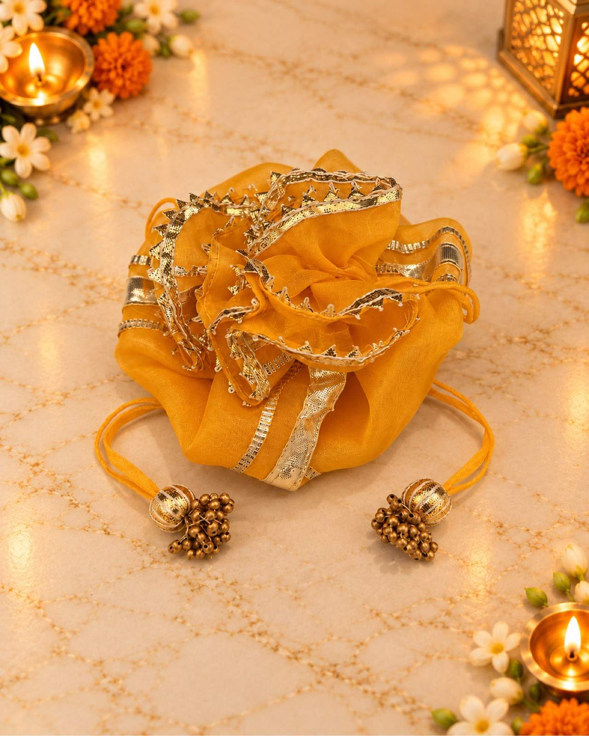 Karwa Chauth Thali Set 6-Piece — Mustard Yellow Brocade Pooja Thali with Chhalni, Lota, Dibbi, Thal Cover & Potli
