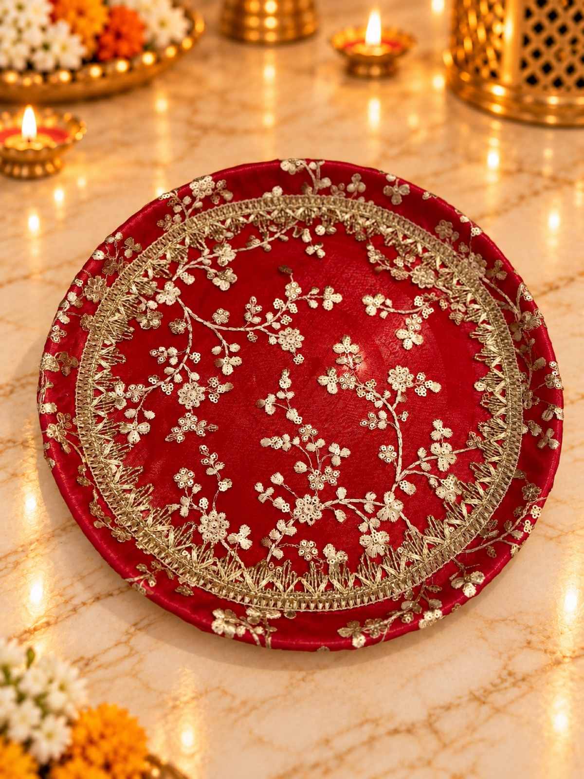 Karva Chauth Thali Set 5-Piece — Red Zari Brocade Pooja Thali with Chhalni, Lota, Thal Cover & Potli