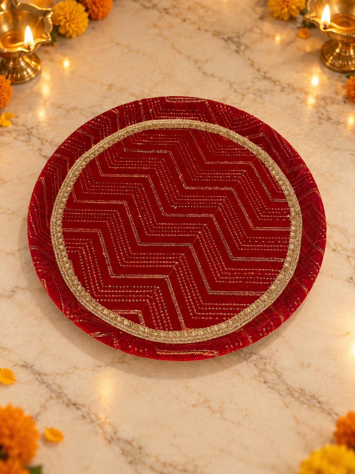 Karwa Chauth Thali Set 5-Piece — Red Velvet Pooja Thali with Chhalni, Lota, Potli & Round Thal Cover