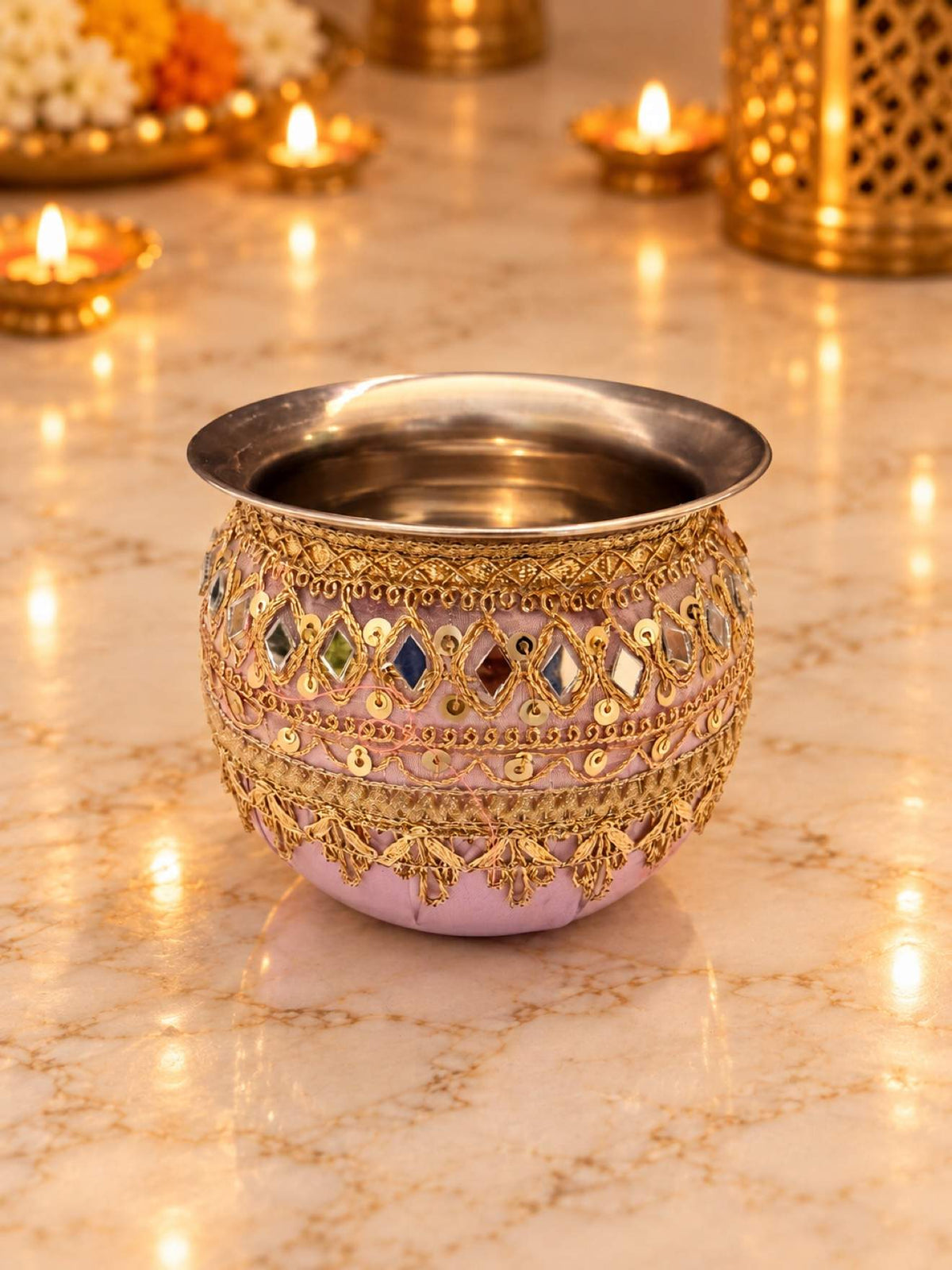 Karwa Chauth Thali Set 6-Piece — Lavender Brocade Pooja Thali with Chhalni, Lota, Dibbi, Thal Cover & Potli