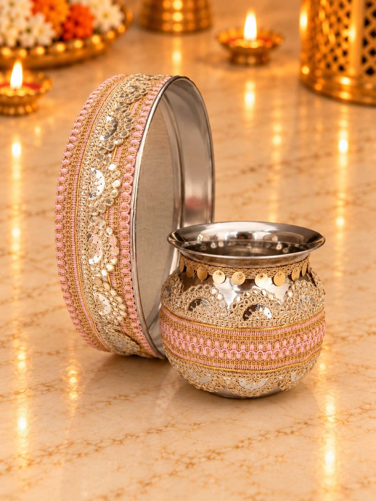 Karwa Chauth Thali Set 4-Piece — Baby Pink Pooja Thali with Chhalni, Lota & Thal Cover