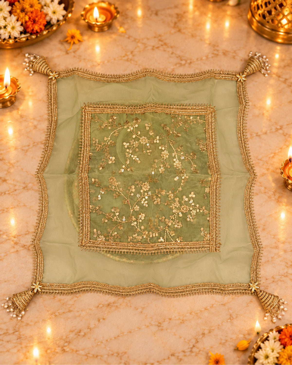 Karwa Chauth Thali Set 6-Piece — Light Green Brocade Pooja Thali with Chhalni, Lota, Dibbi, Thal Cover & Potli