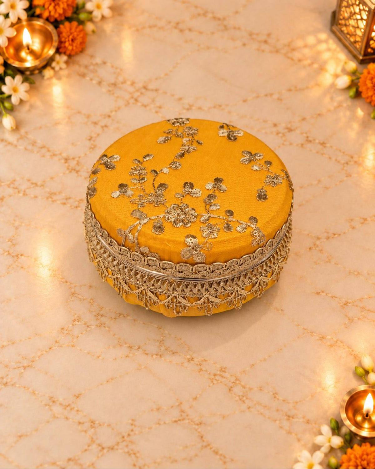 Karwa Chauth Thali Set 6-Piece — Mustard Yellow Brocade Pooja Thali with Chhalni, Lota, Dibbi, Thal Cover & Potli