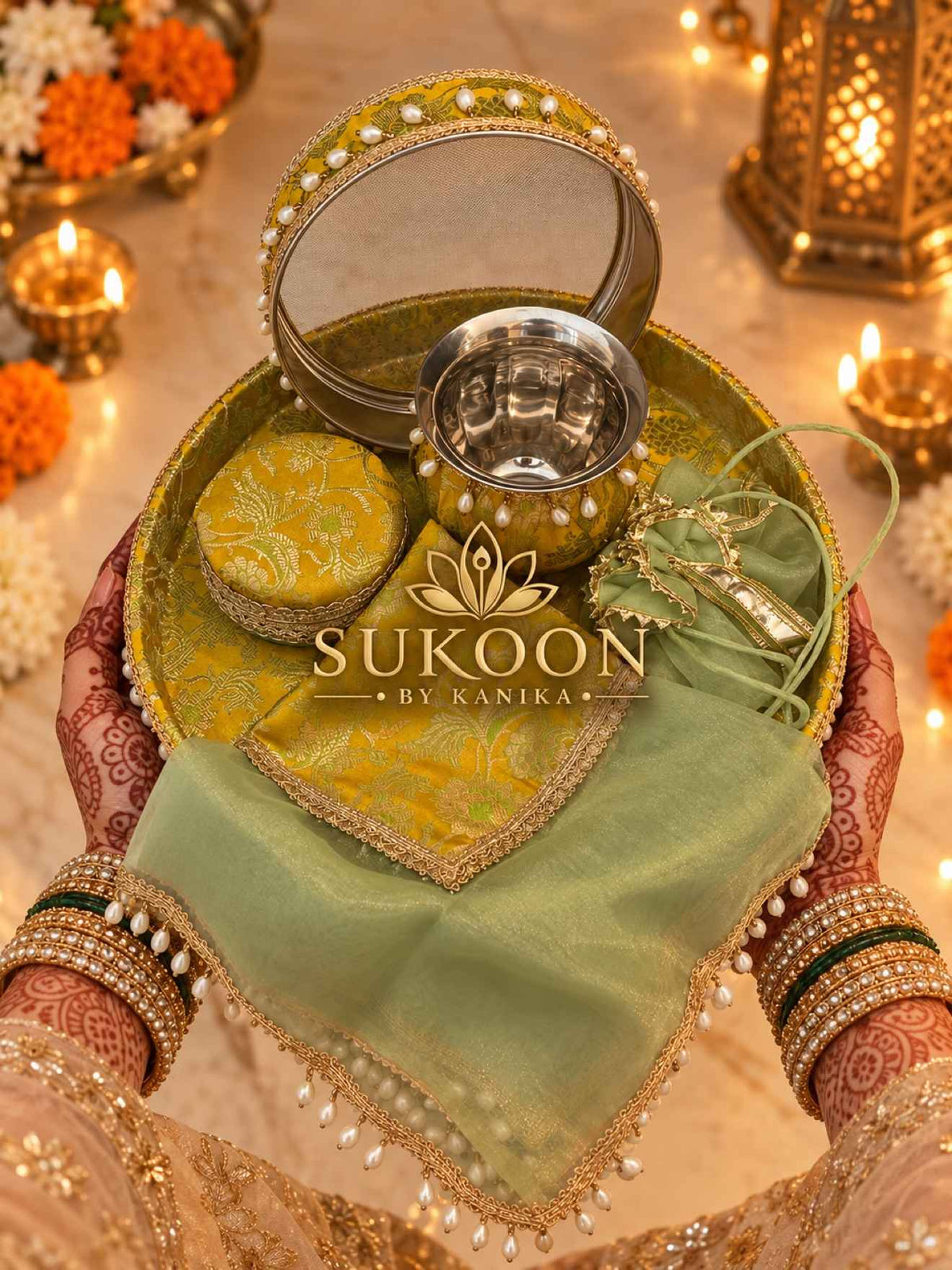 Karwa Chauth Thali Set 6-Piece — Yellow Green Brocade Pooja Thali with Chhalni, Lota, Dibbi, Potli & Thal Cover