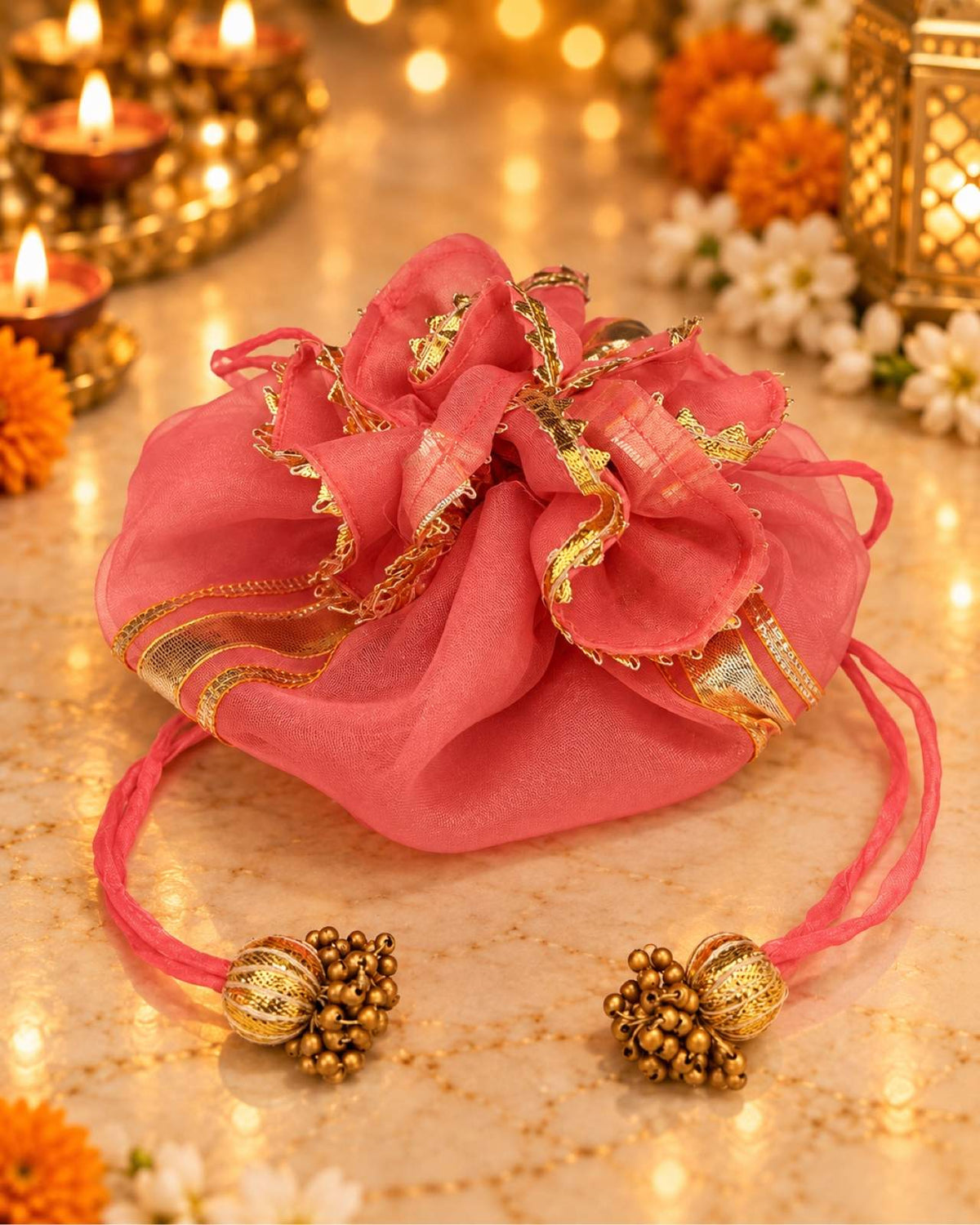 Karva Chauth Thali Set 6-Piece — Pink Brocade Pooja Thali with Chhalni, Lota, Dibbi, Thal Cover & Potli