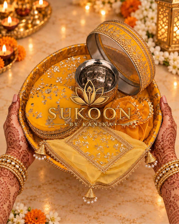 Karwa Chauth Thali Set 6-Piece — Mustard Yellow Brocade Pooja Thali with Chhalni, Lota, Dibbi, Thal Cover & Potli