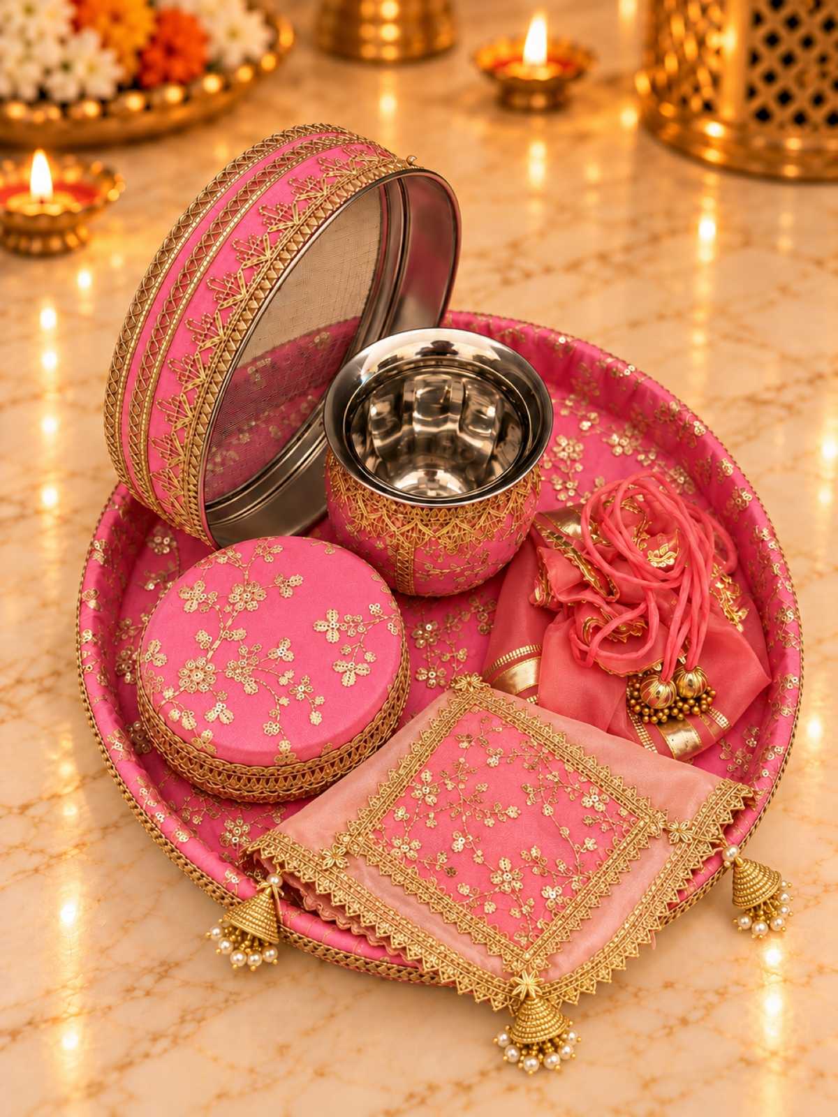 Karva Chauth Thali Set 6-Piece — Pink Brocade Pooja Thali with Chhalni, Lota, Dibbi, Thal Cover & Potli