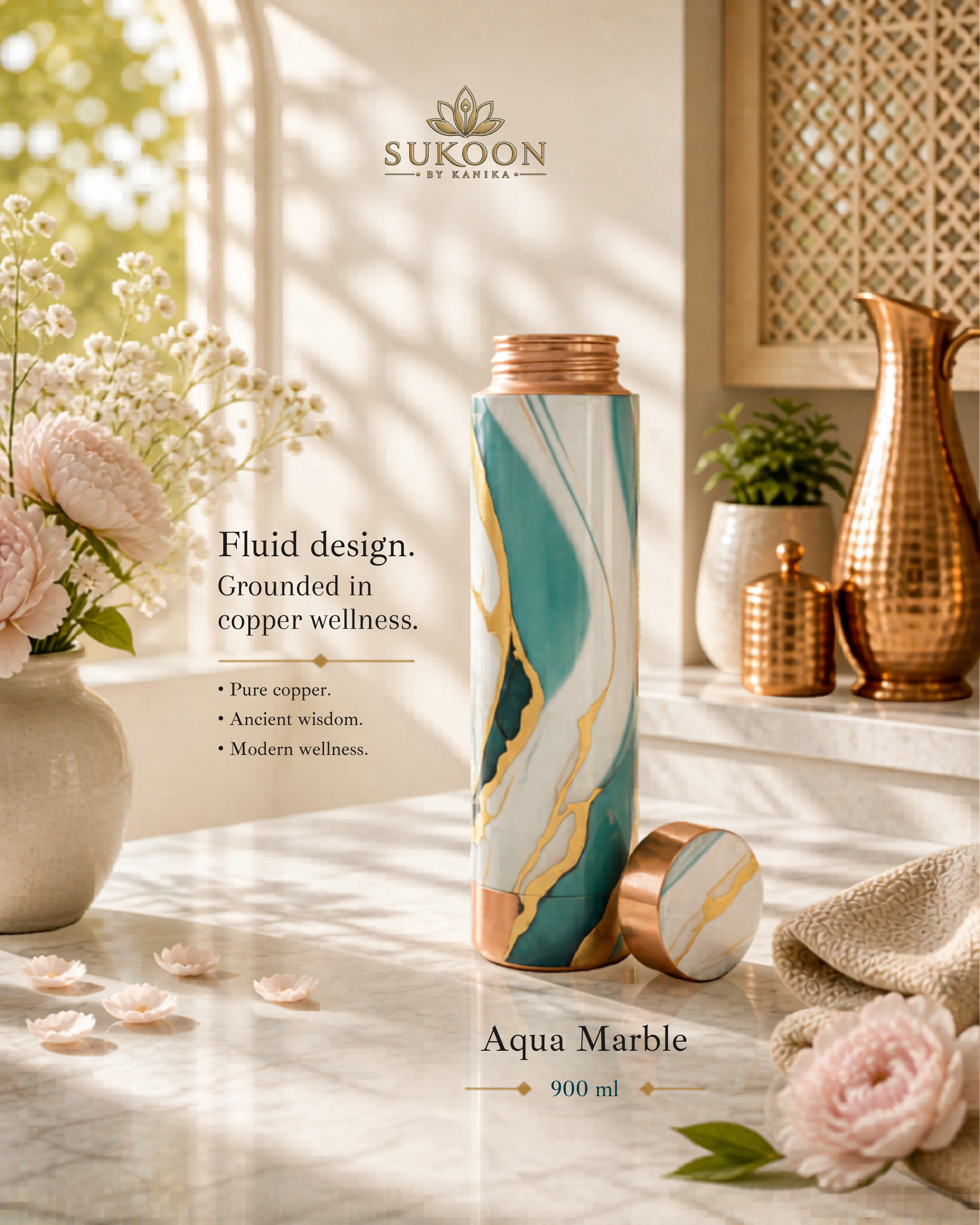 Pure Copper Water Bottle 900ml – Ayurvedic Drinkware for Yoga, Gym & Travel
