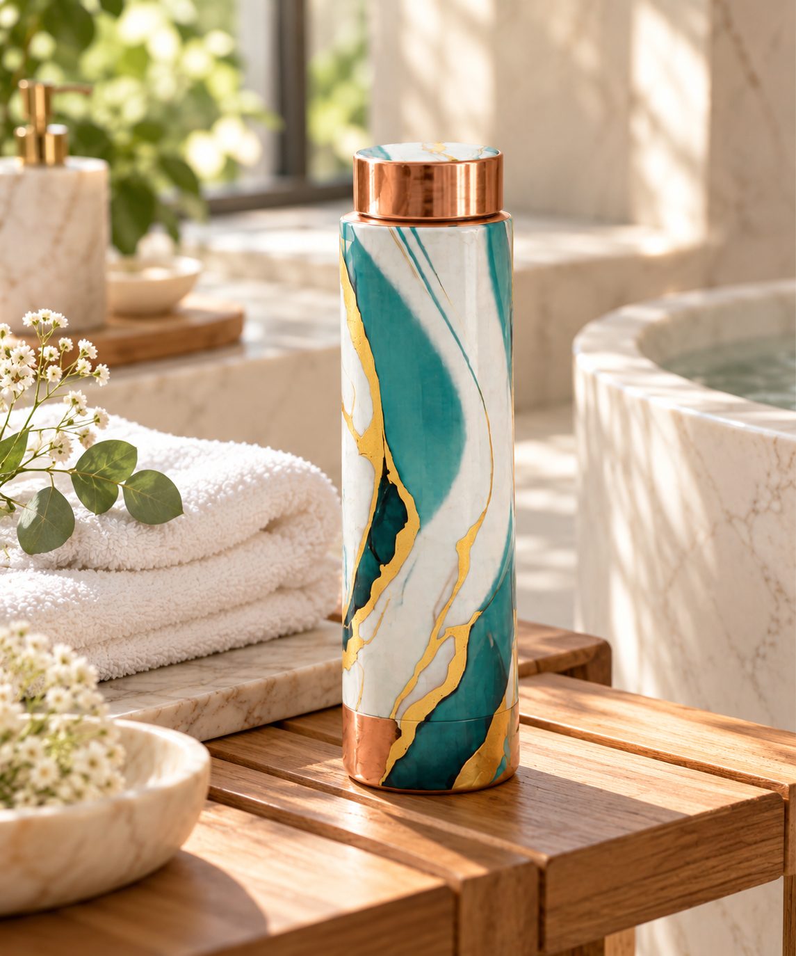 Aqua Marble copper bottle - lifestyle angle