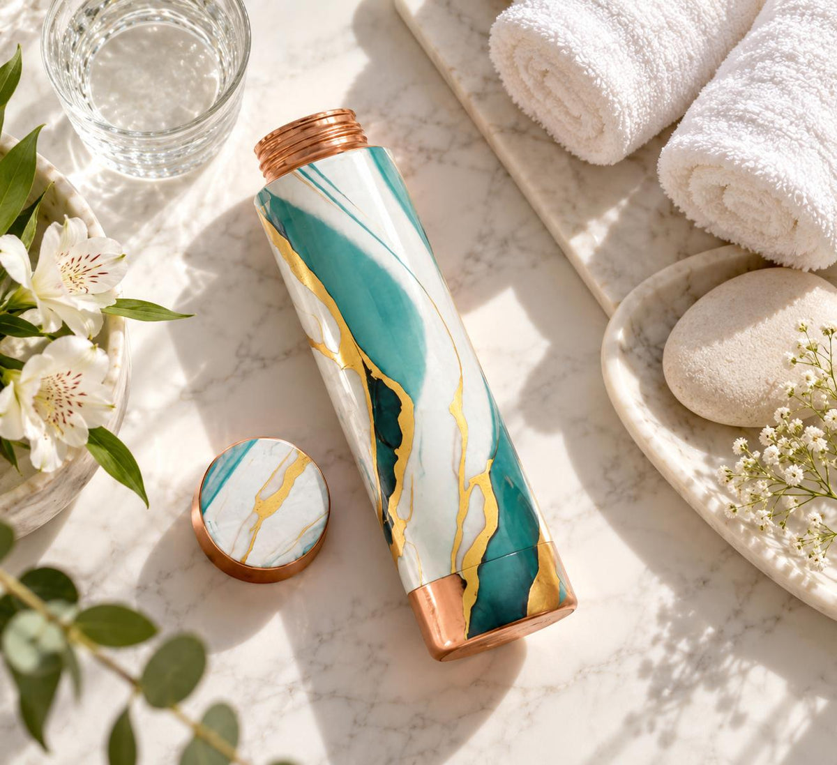 Aqua Marble copper bottle - top-down flat lay