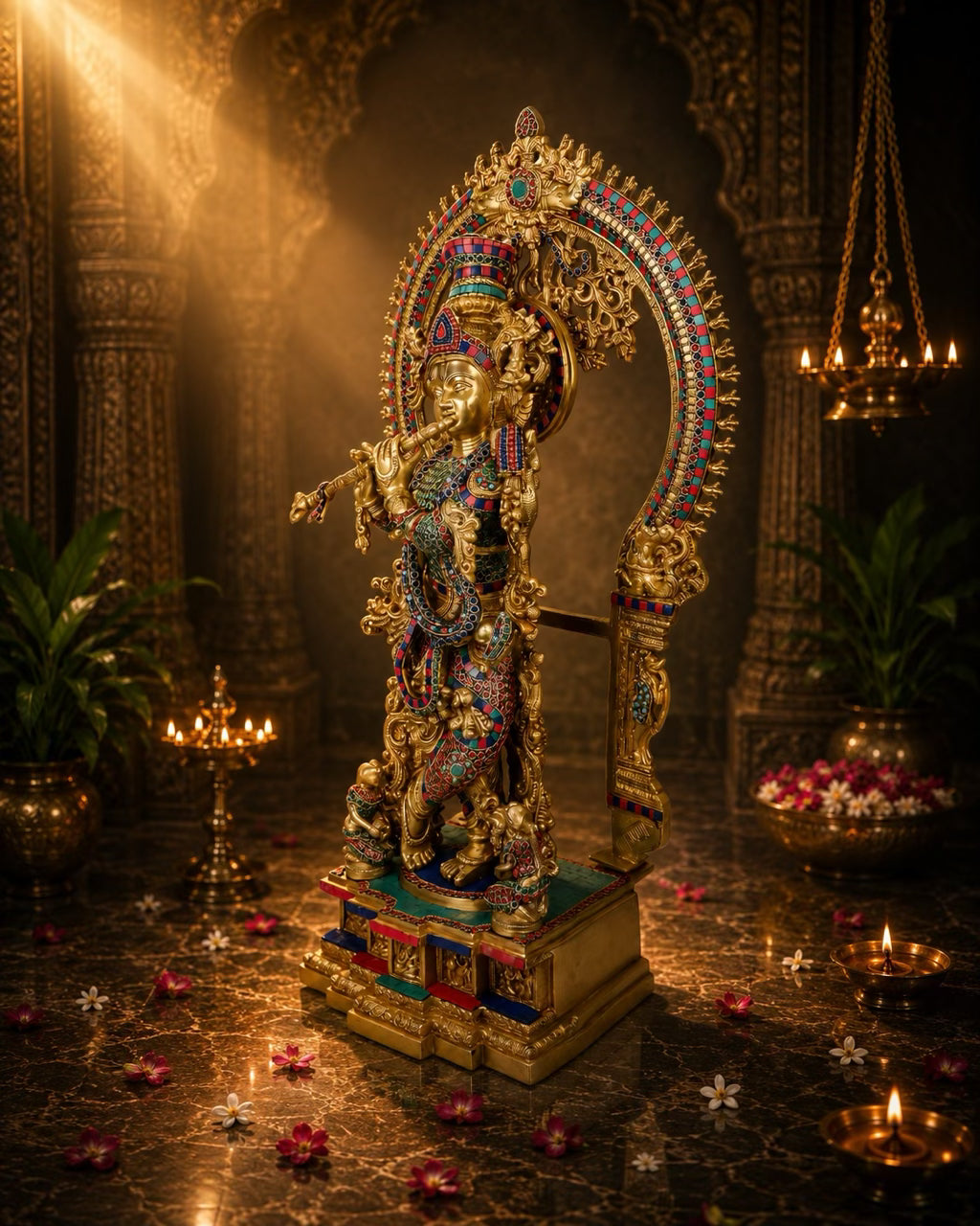 Brass Krishna Statue 32” Premium with Stone Inlay | Janmashtami Temple Murti