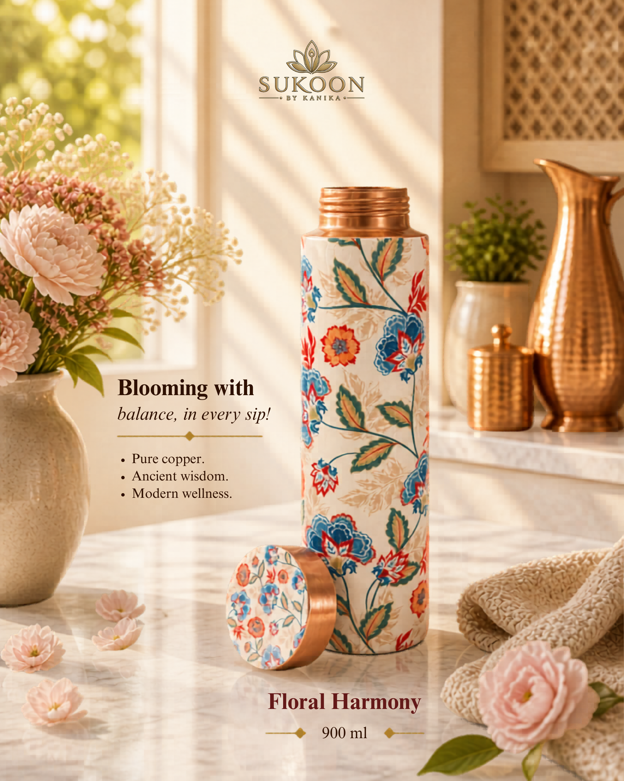Pure Copper Water Bottle 900ml – Ayurvedic Drinkware for Yoga, Gym & Travel