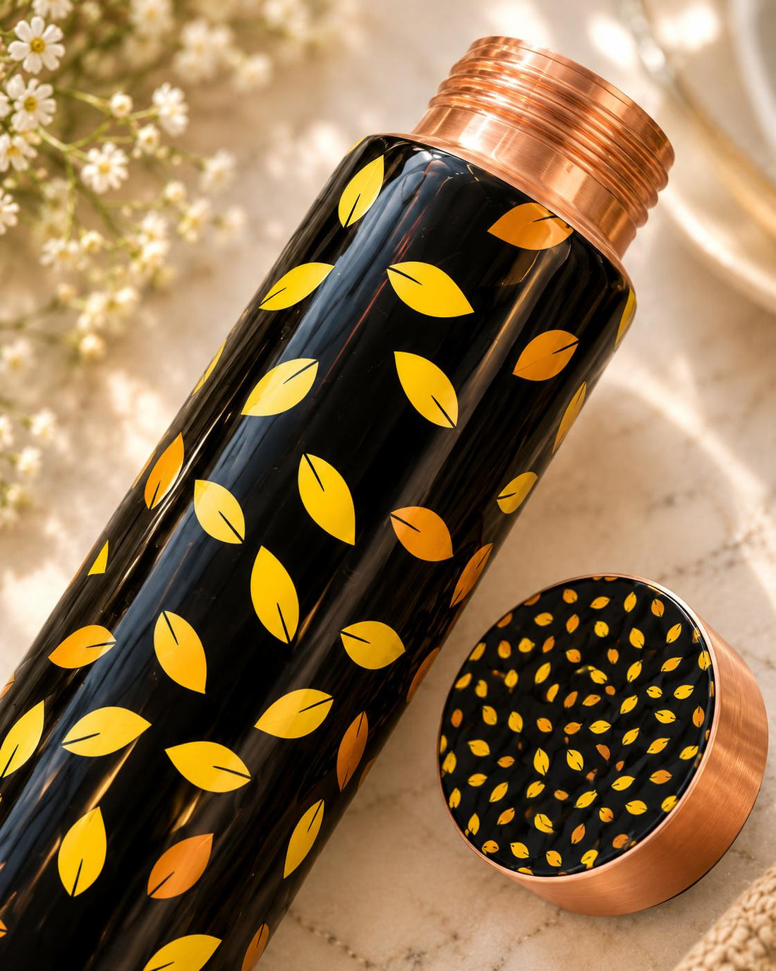 The Golden Leaf Noir – Pure Copper Water Bottle 900ml, 100% pure copper ayurvedic drinkware