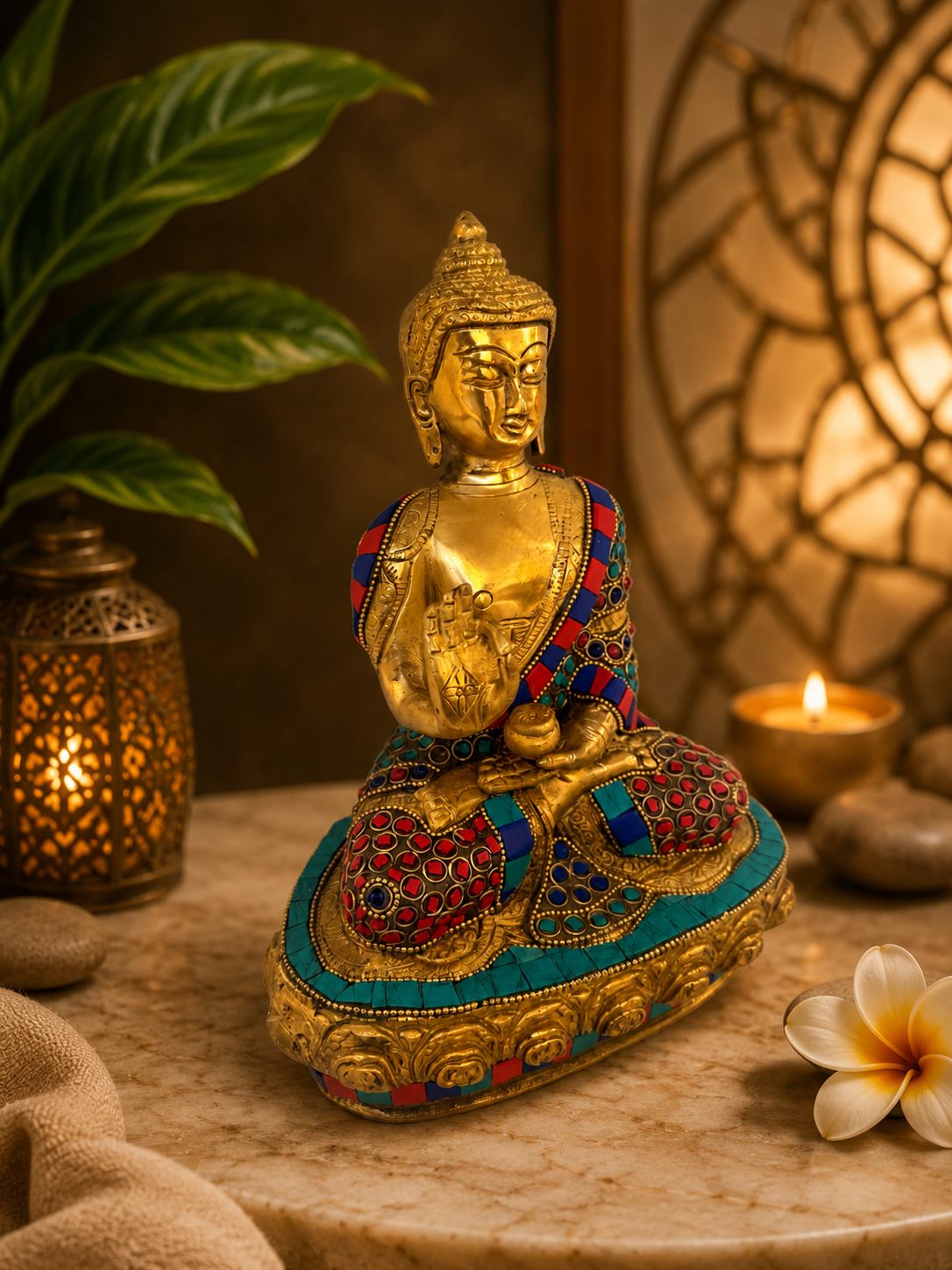 Brass Buddha Statue 9.5 Inch Stone Work 1