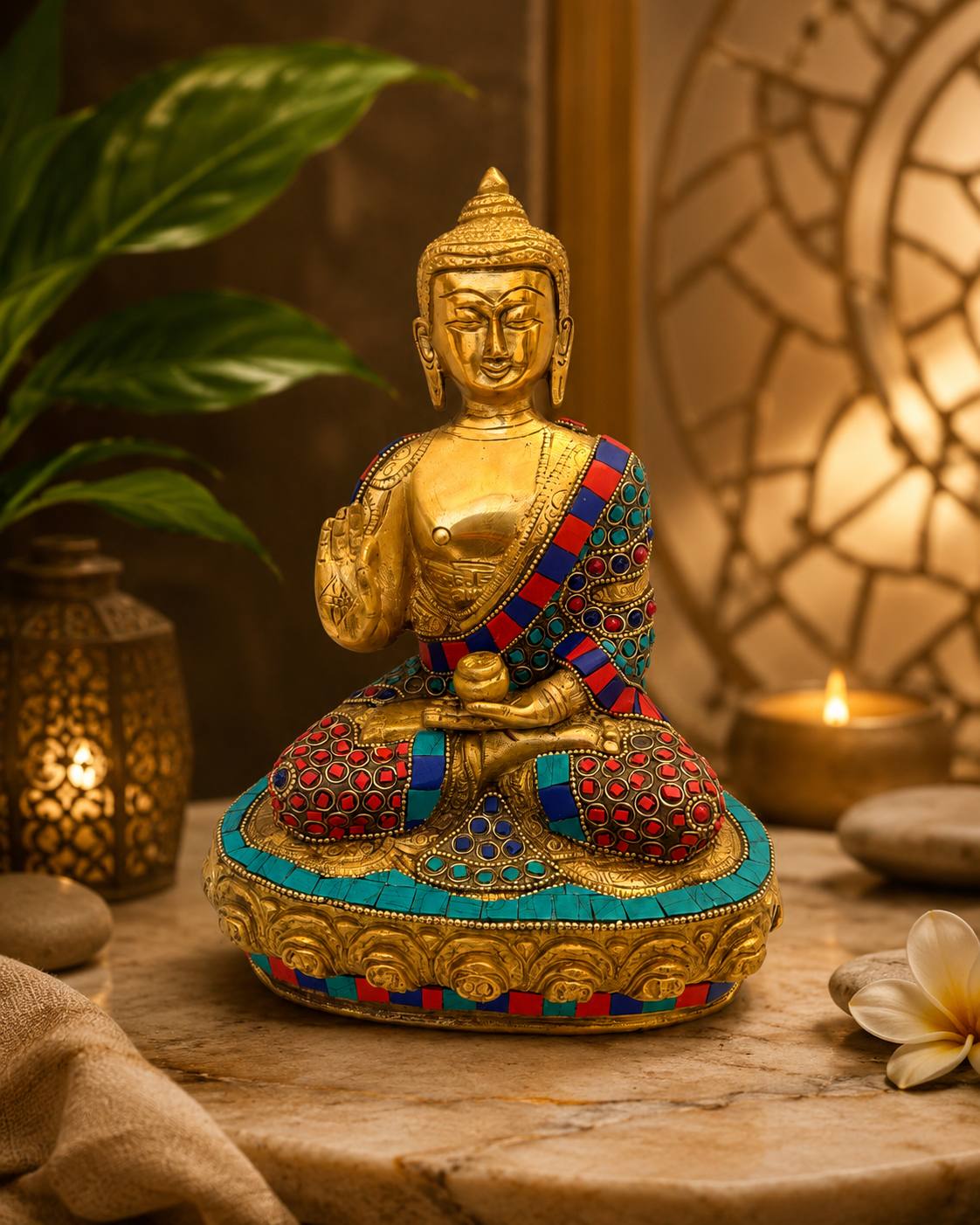 Brass Buddha Statue 9.5 Inch Stone Work 1