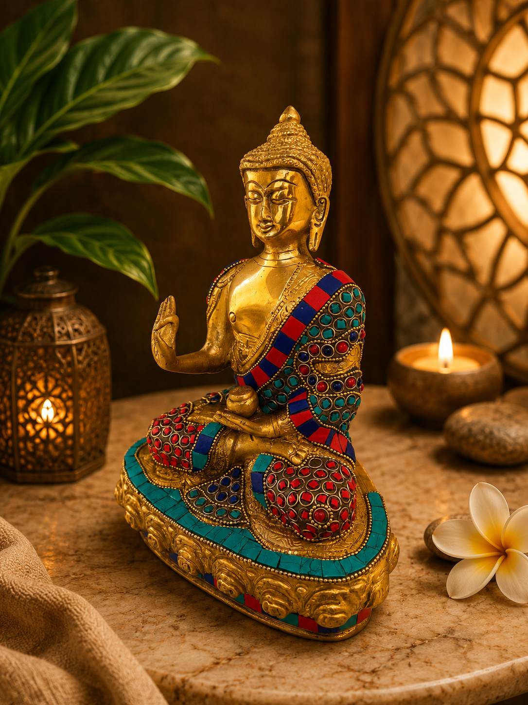 Brass Buddha Statue 9.5 Inch Stone Work 3