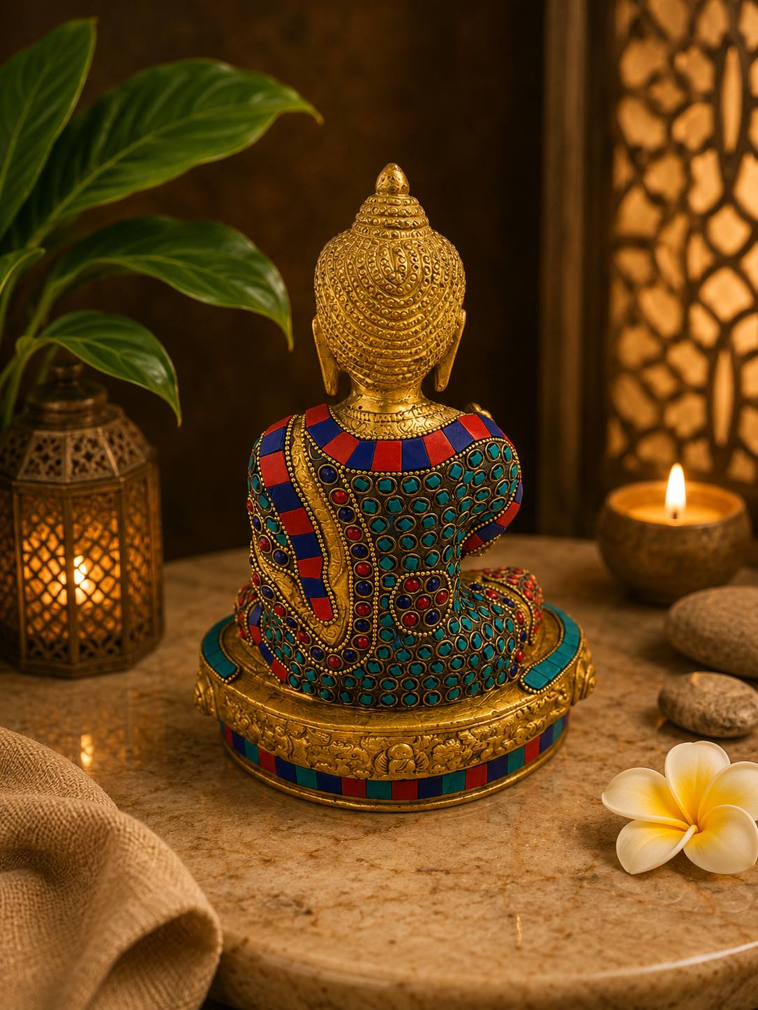 Brass Buddha Statue 9.5 Inch Stone Work 4