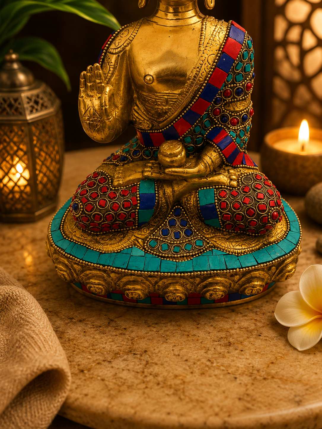 Brass Buddha Statue 9.5 Inch Stone Work 5