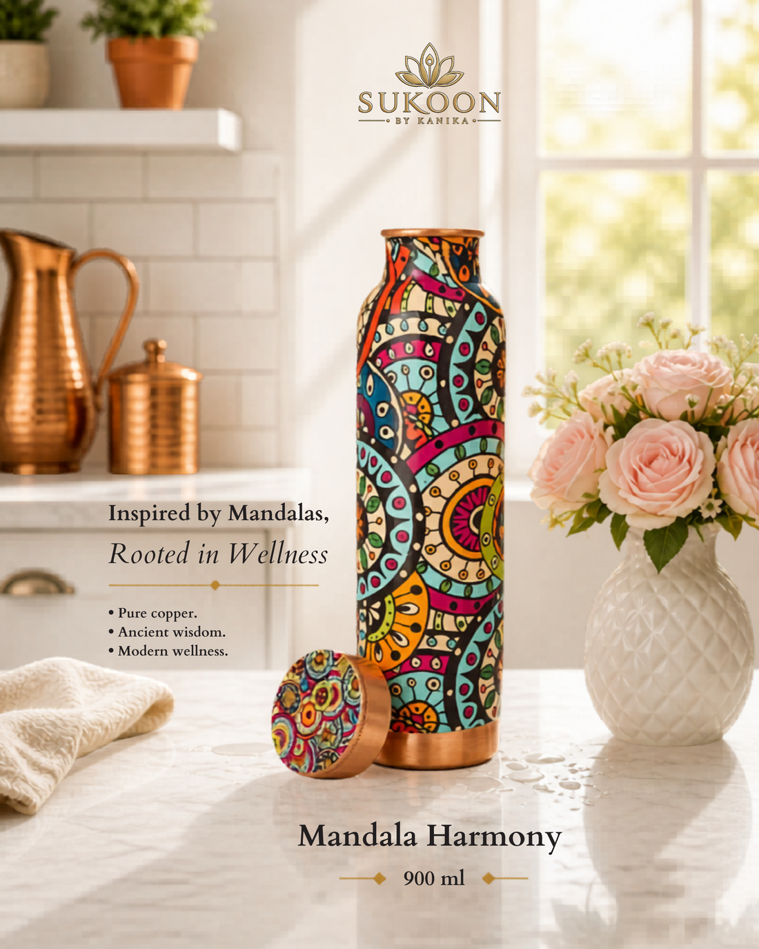 Pure Copper Water Bottle 900ml – Ayurvedic Drinkware for Yoga, Gym & Travel