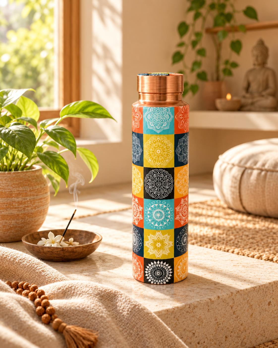Mandala Mosaic copper bottle in a meditation nook