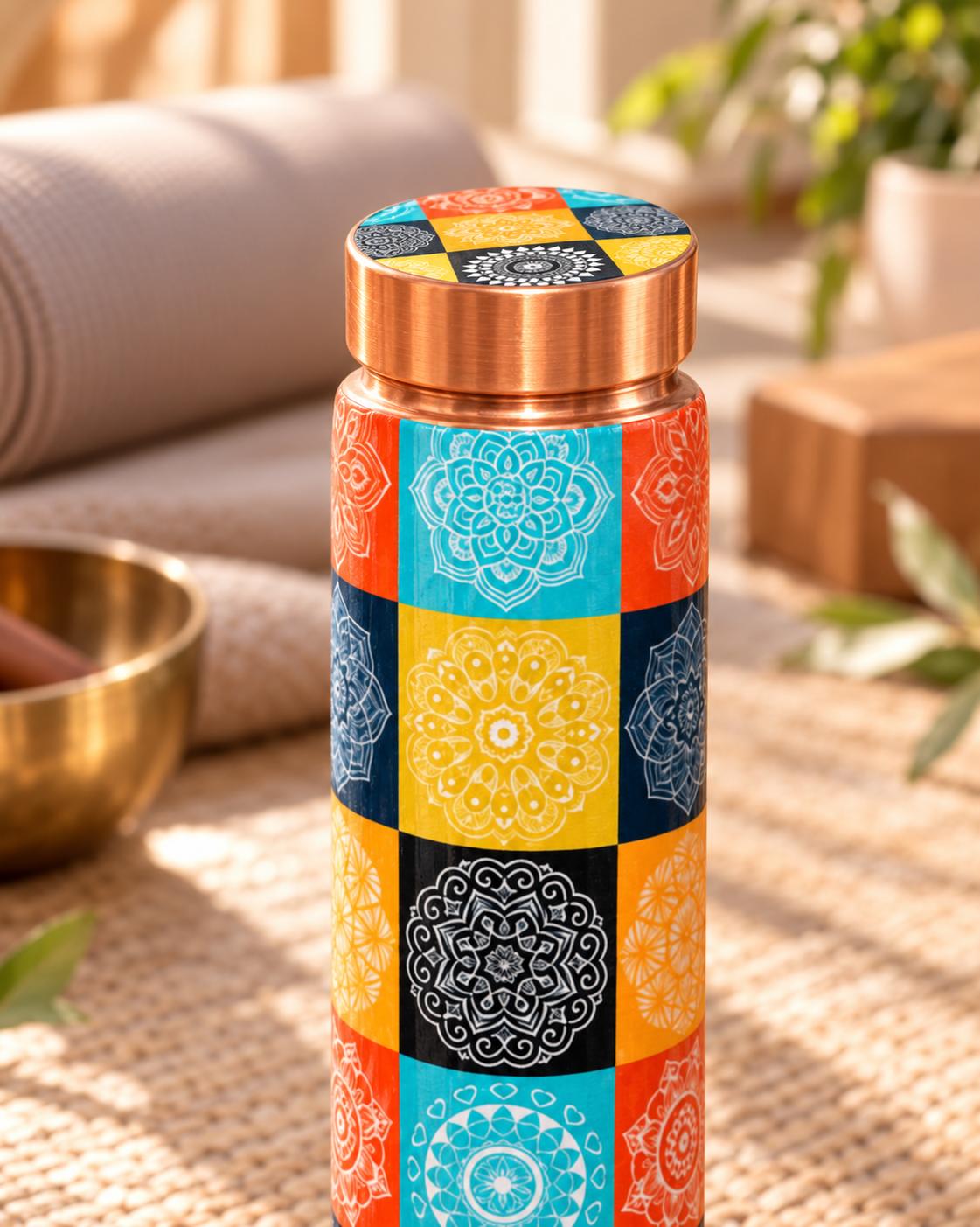 Mandala Mosaic copper bottle close-up, cap on