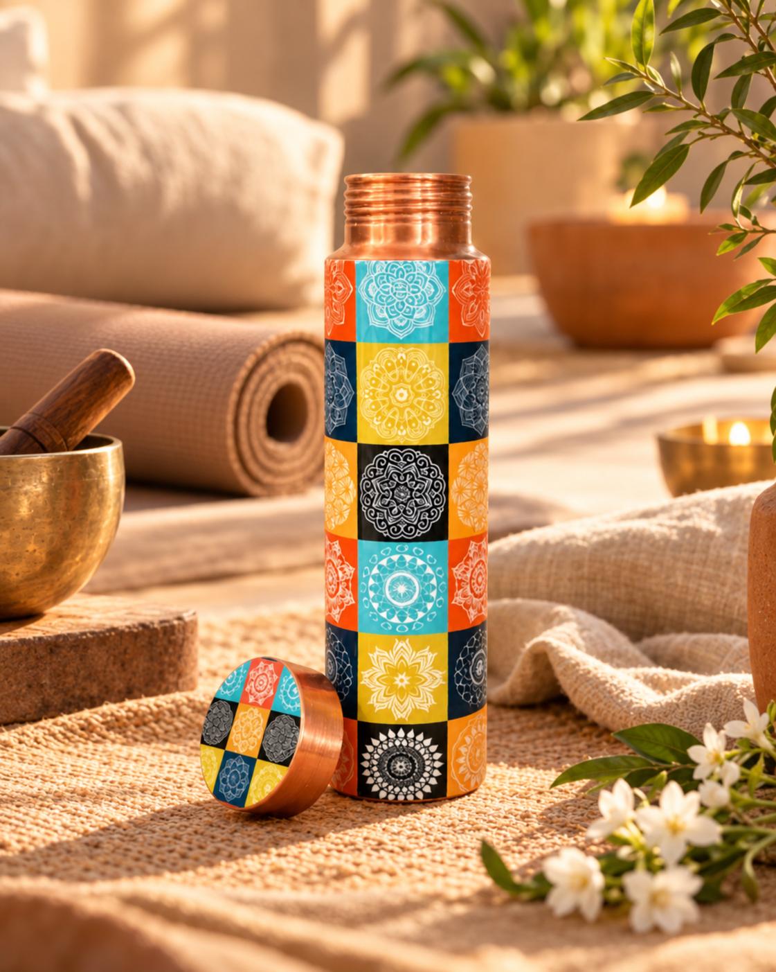 Mandala Mosaic copper bottle in a serene yoga setting