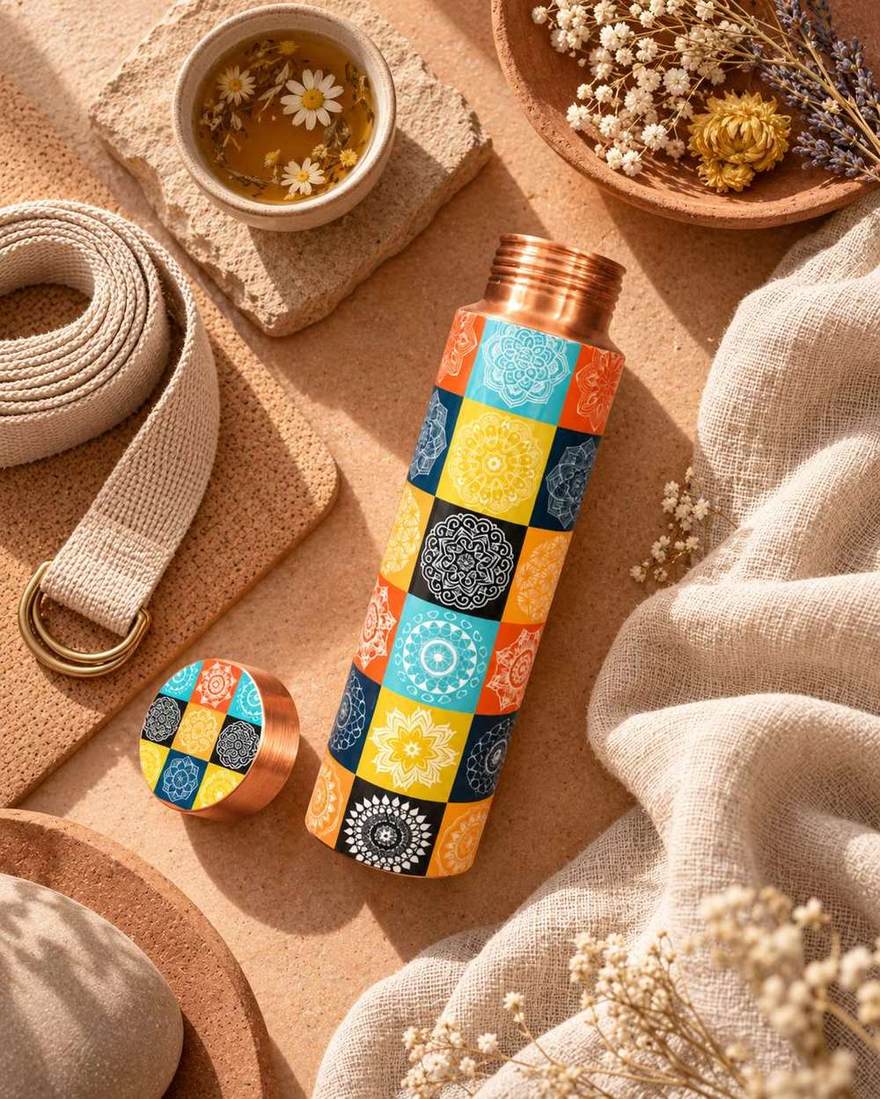 Mandala Mosaic copper bottle flat lay with singing bowl