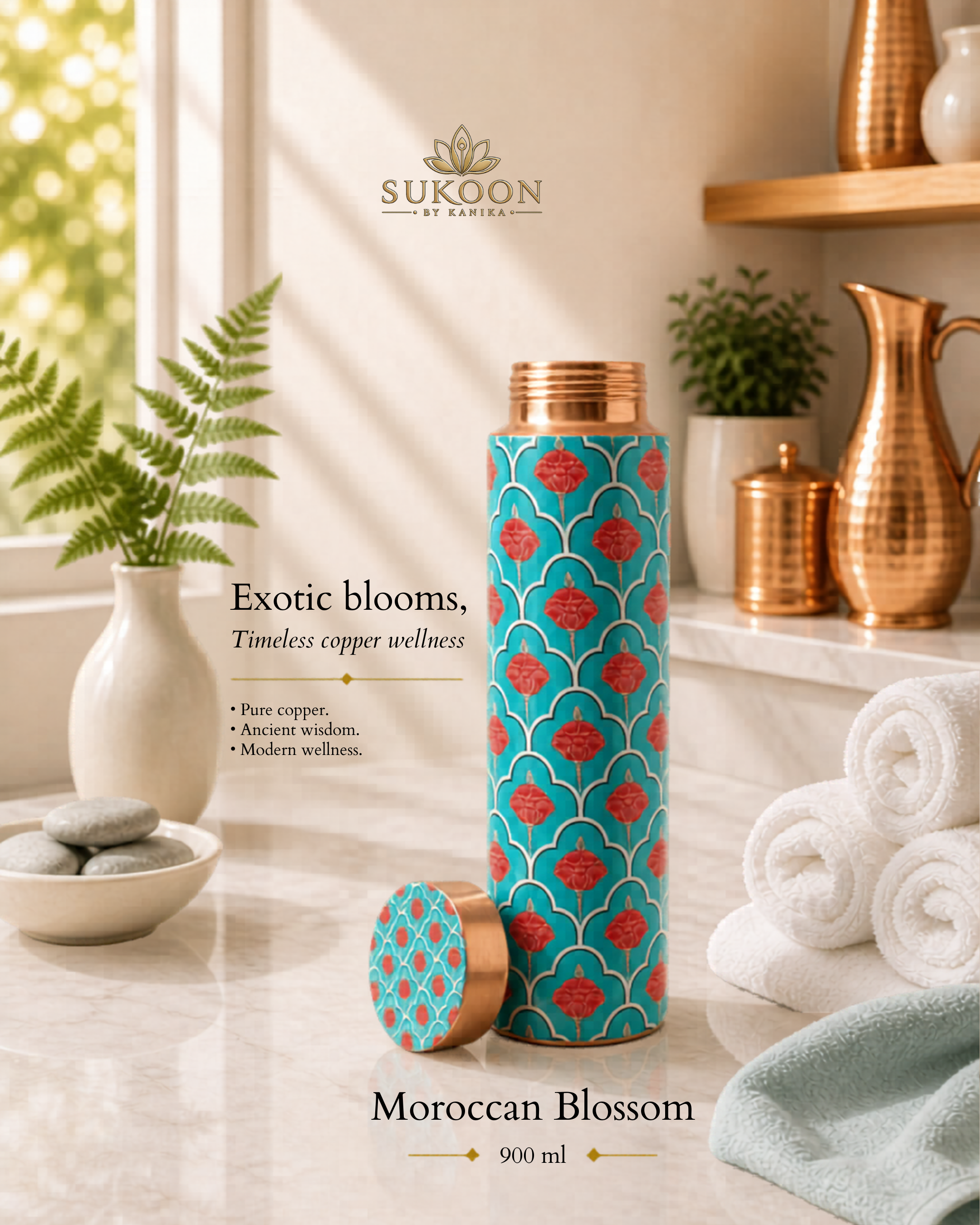 Pure Copper Water Bottle 900ml – Ayurvedic Drinkware for Yoga, Gym & Travel