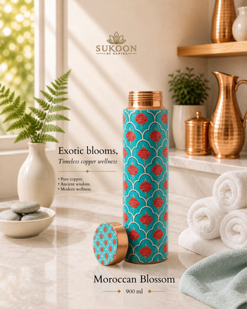 The Moroccan Blossom – Pure Copper Water Bottle 900ml, 100% pure copper ayurvedic drinkware