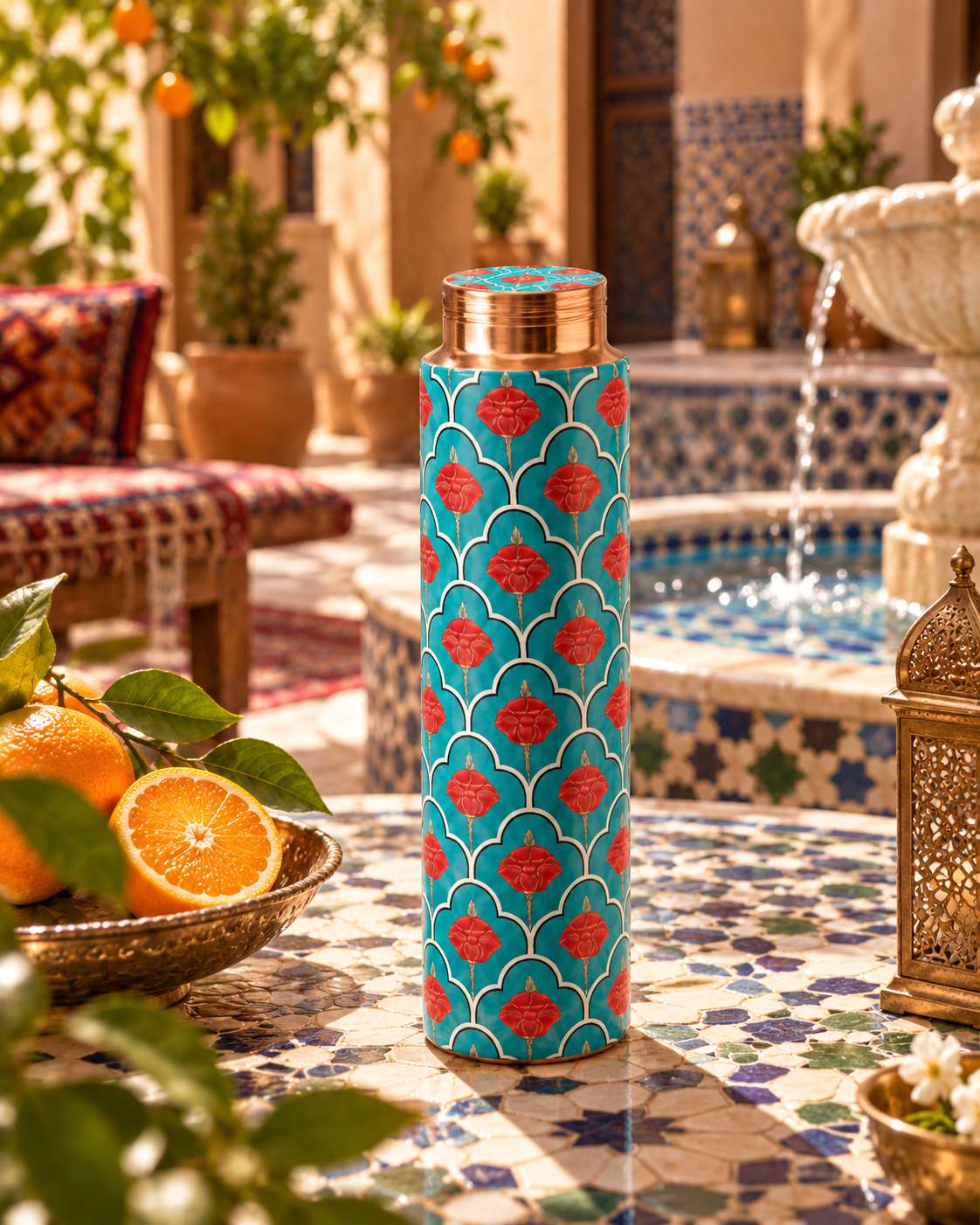 Moroccan Blossom copper bottle - lifestyle angle