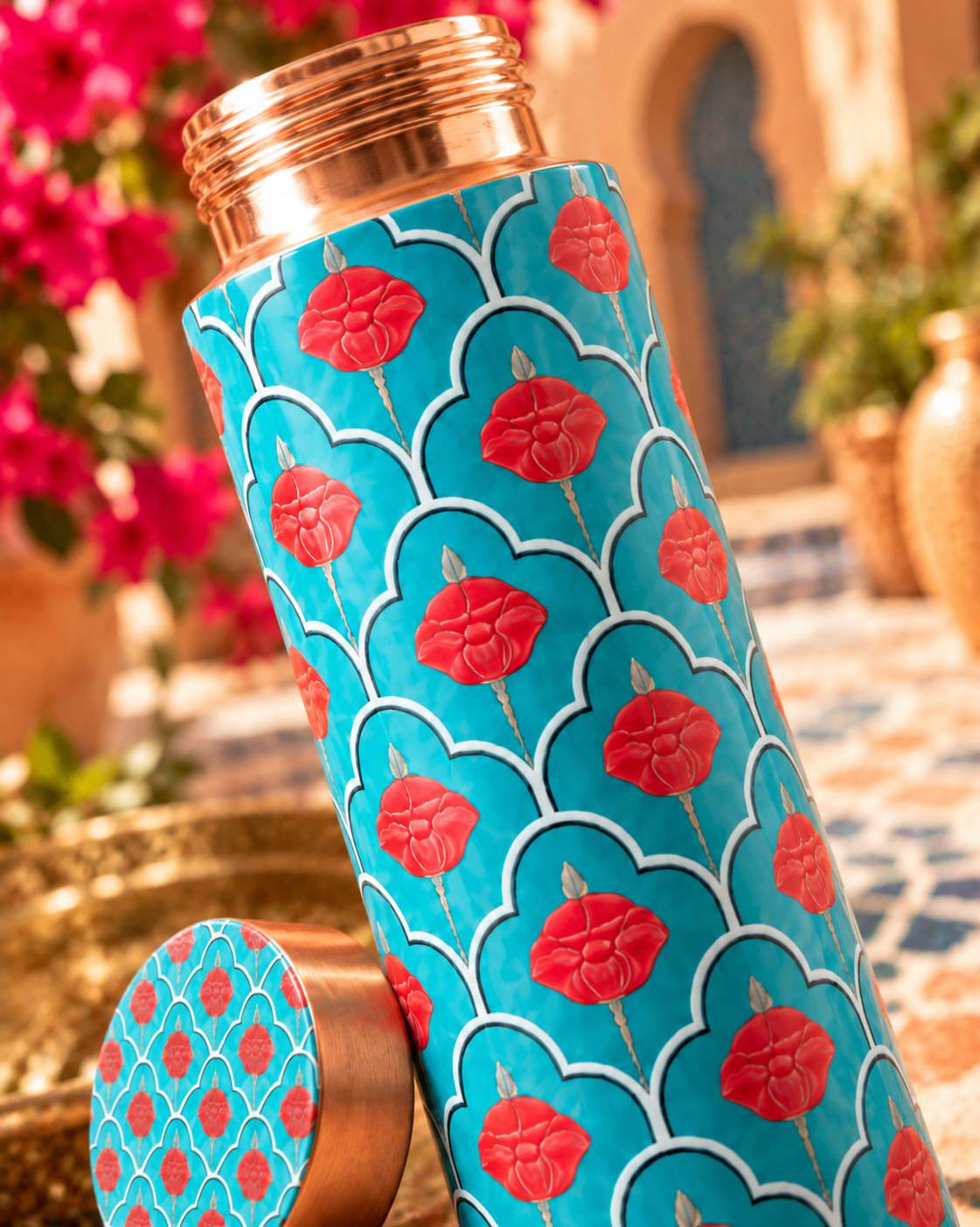 Moroccan Blossom copper bottle - close-up detail