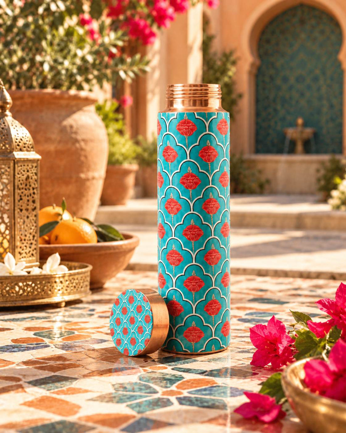 The Moroccan Blossom – Pure Copper Water Bottle 900ml, 100% pure copper ayurvedic drinkware