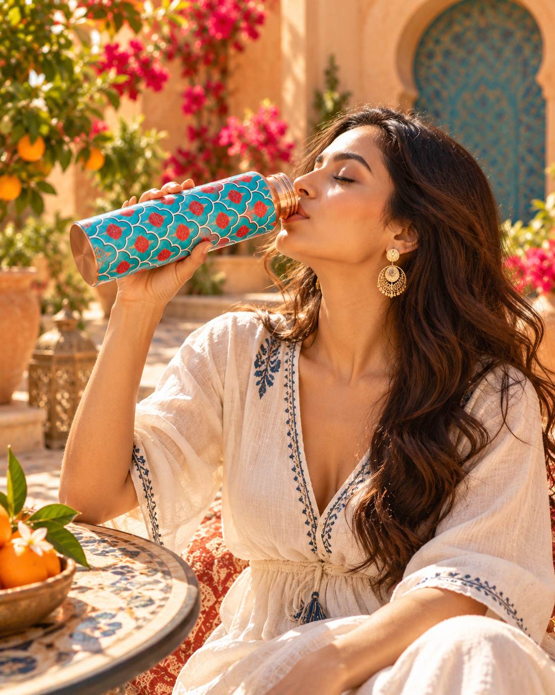 Moroccan Blossom copper bottle - model drinking