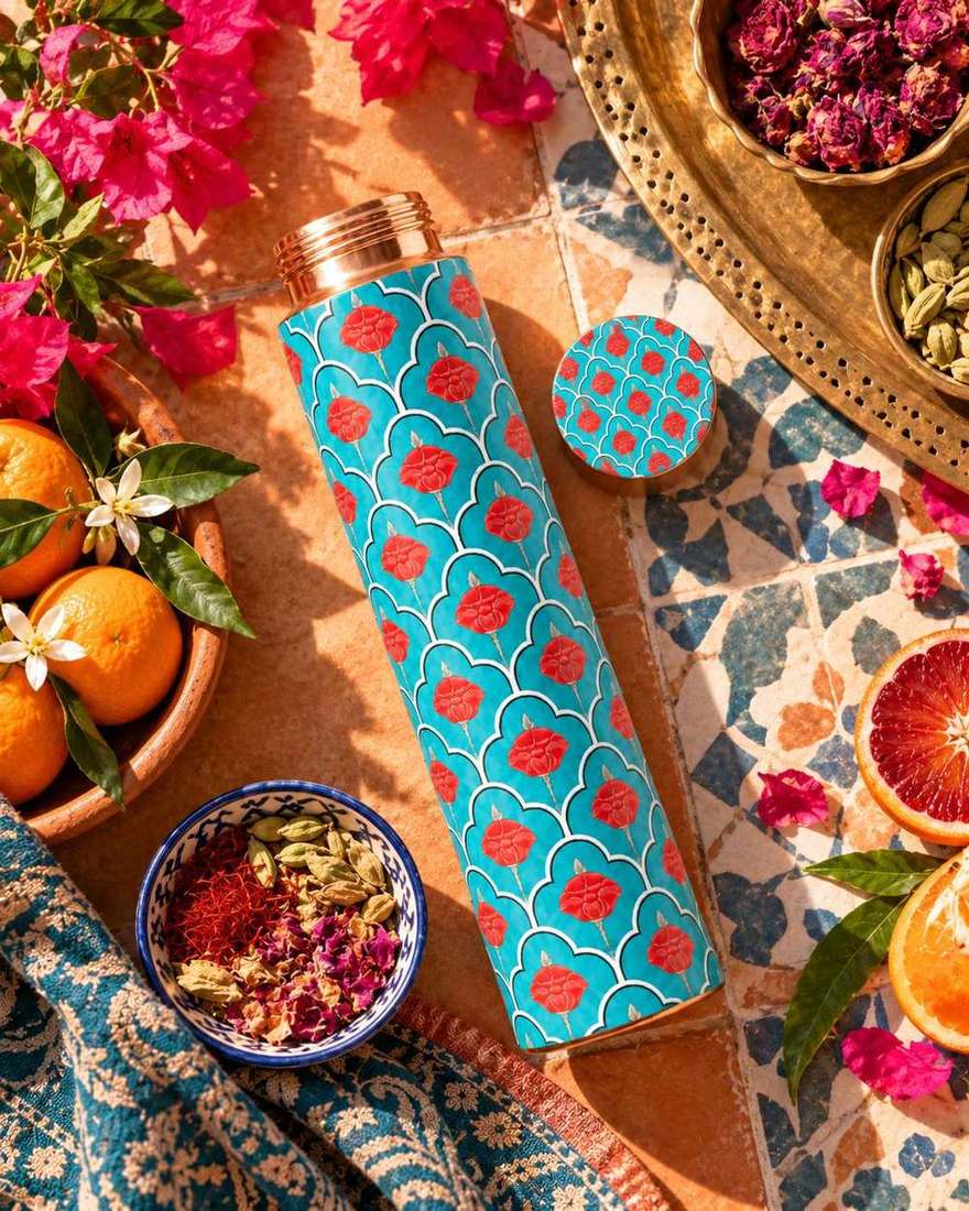 Moroccan Blossom copper bottle - top-down flat lay
