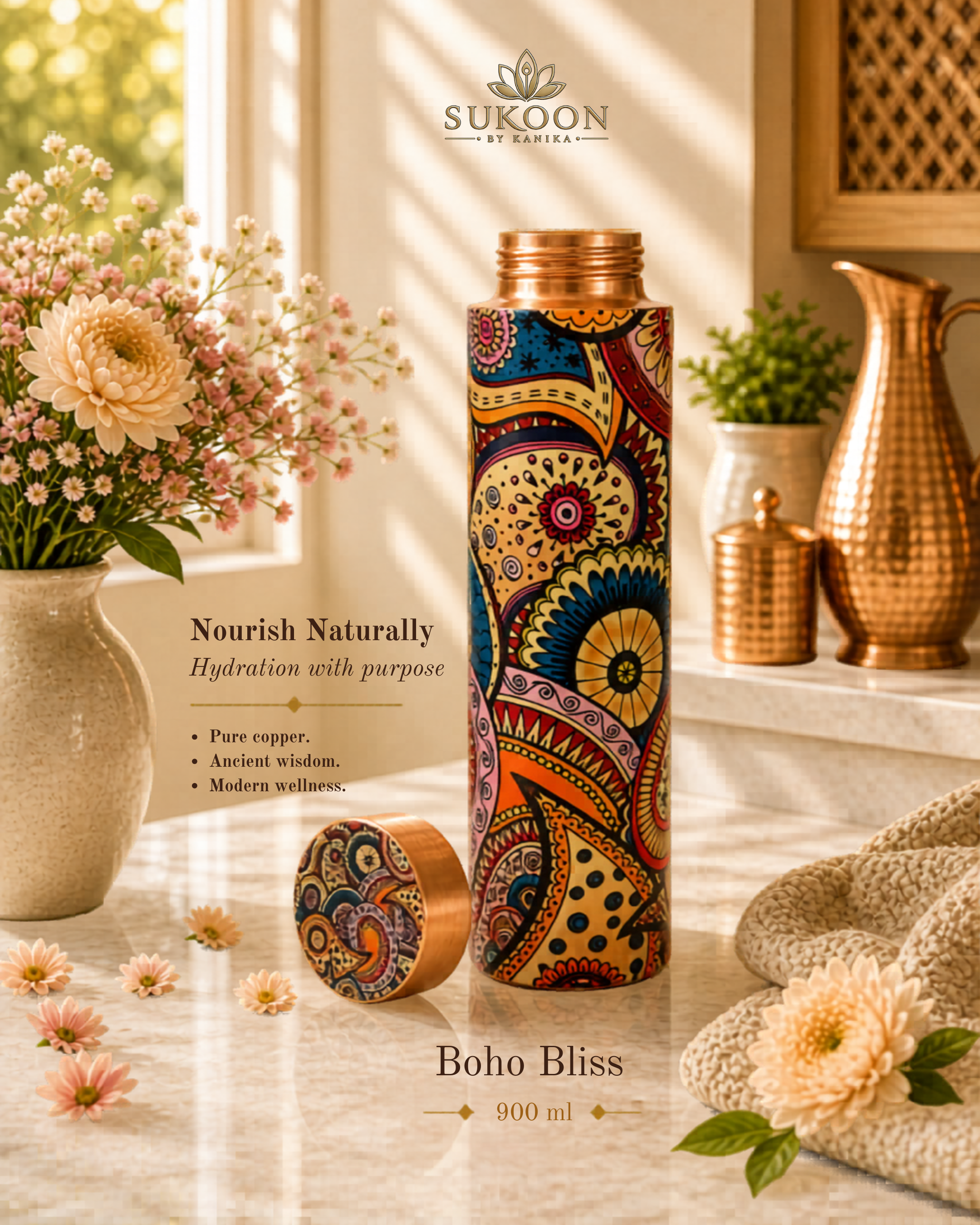 Pure Copper Water Bottle 900ml – Ayurvedic Drinkware for Yoga, Gym & Travel
