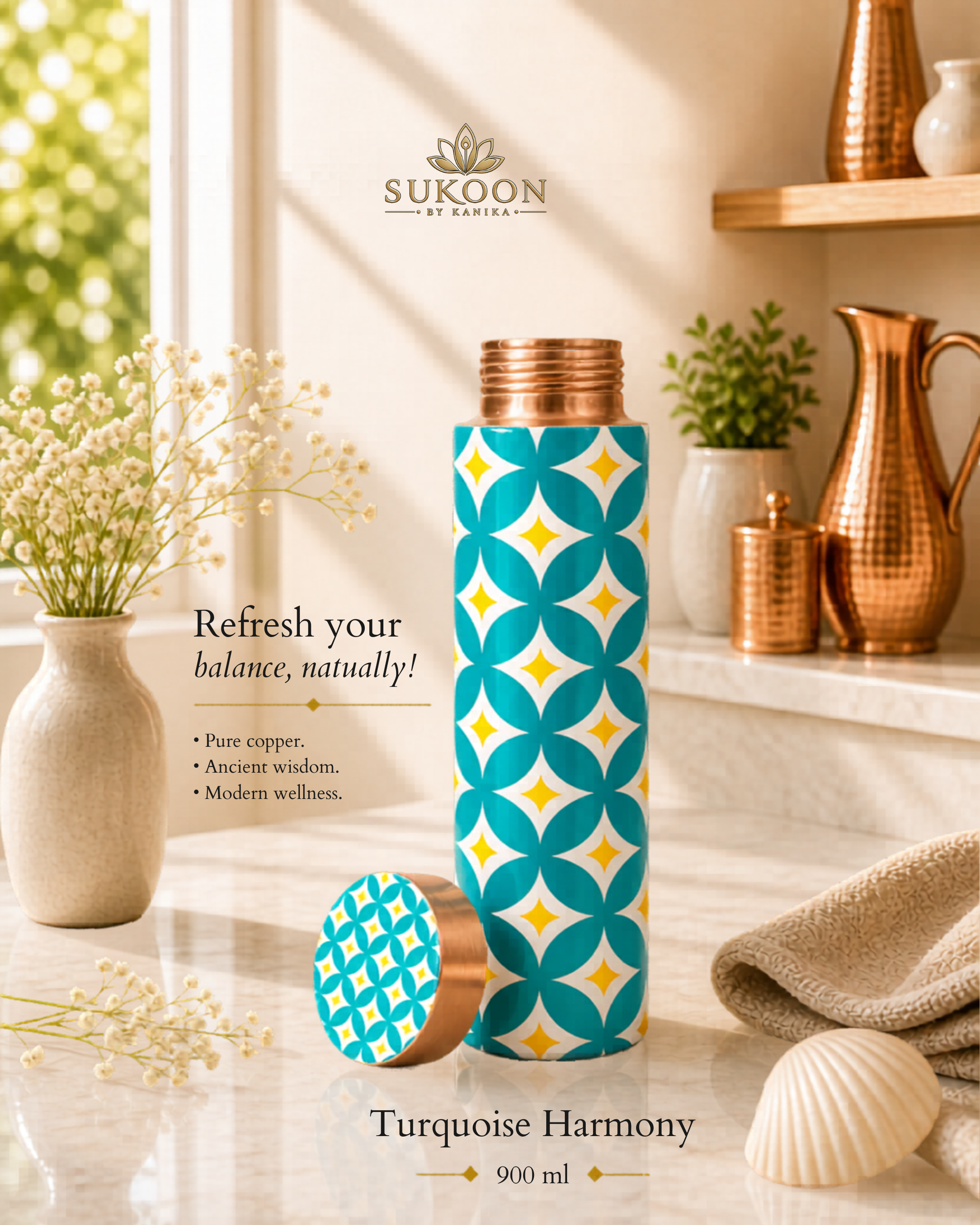 Pure Copper Water Bottle 900ml – Ayurvedic Drinkware for Yoga, Gym & Travel
