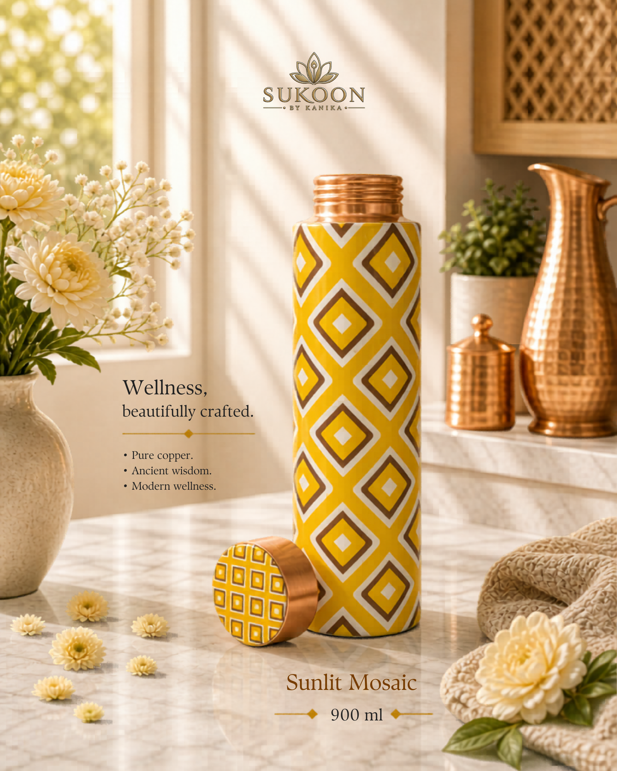 Pure Copper Water Bottle 900ml – Ayurvedic Drinkware for Yoga, Gym & Travel