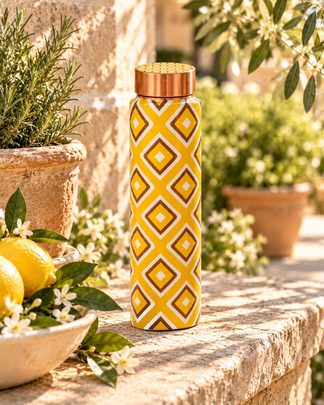 Sunlit Mosaic copper bottle - lifestyle angle