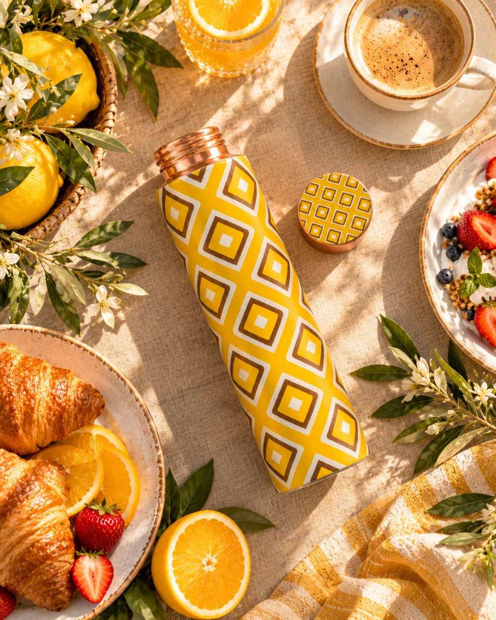 Sunlit Mosaic copper bottle - top-down flat lay