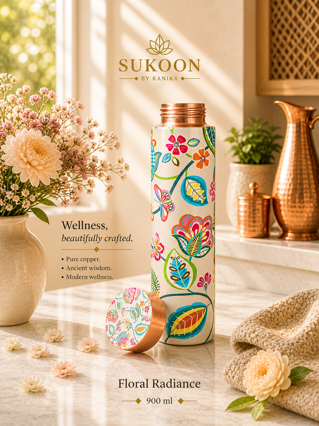 Pure Copper Water Bottle 900ml – Ayurvedic Drinkware for Yoga, Gym & Travel