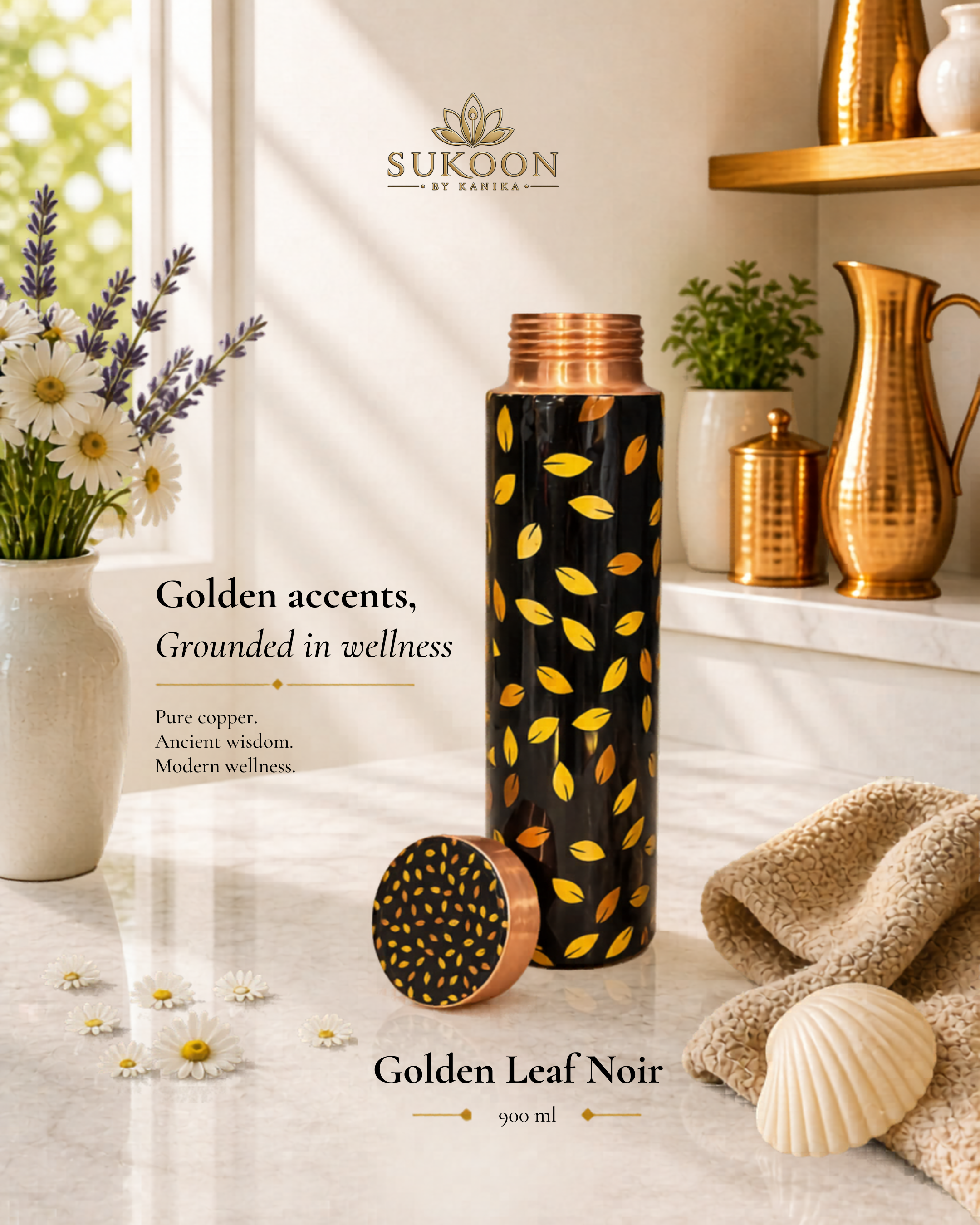 Pure Copper Water Bottle 900ml – Ayurvedic Drinkware for Yoga, Gym & Travel