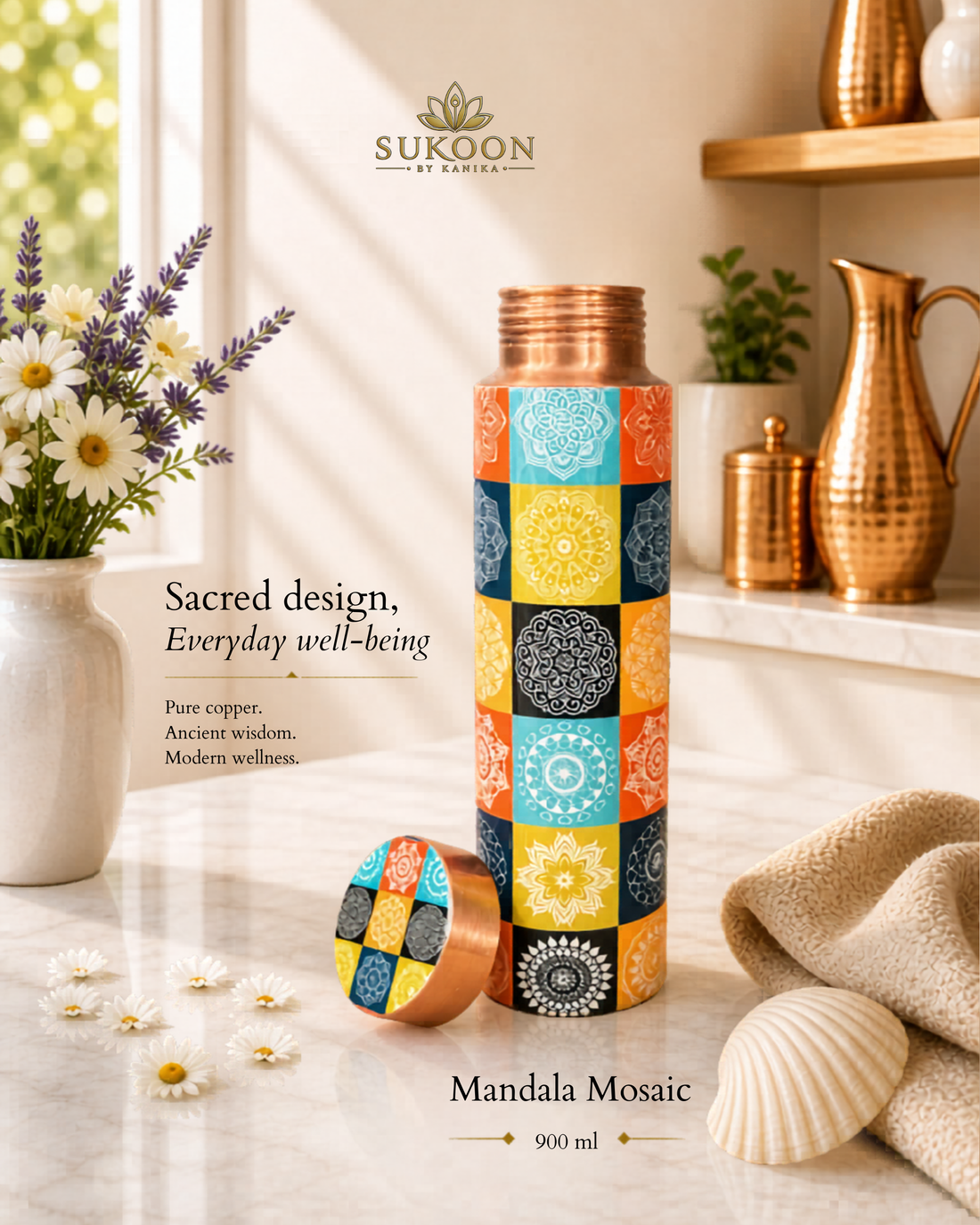 The Mandala Mosaic – Pure Copper Water Bottle 900ml, 100% pure copper ayurvedic drinkware